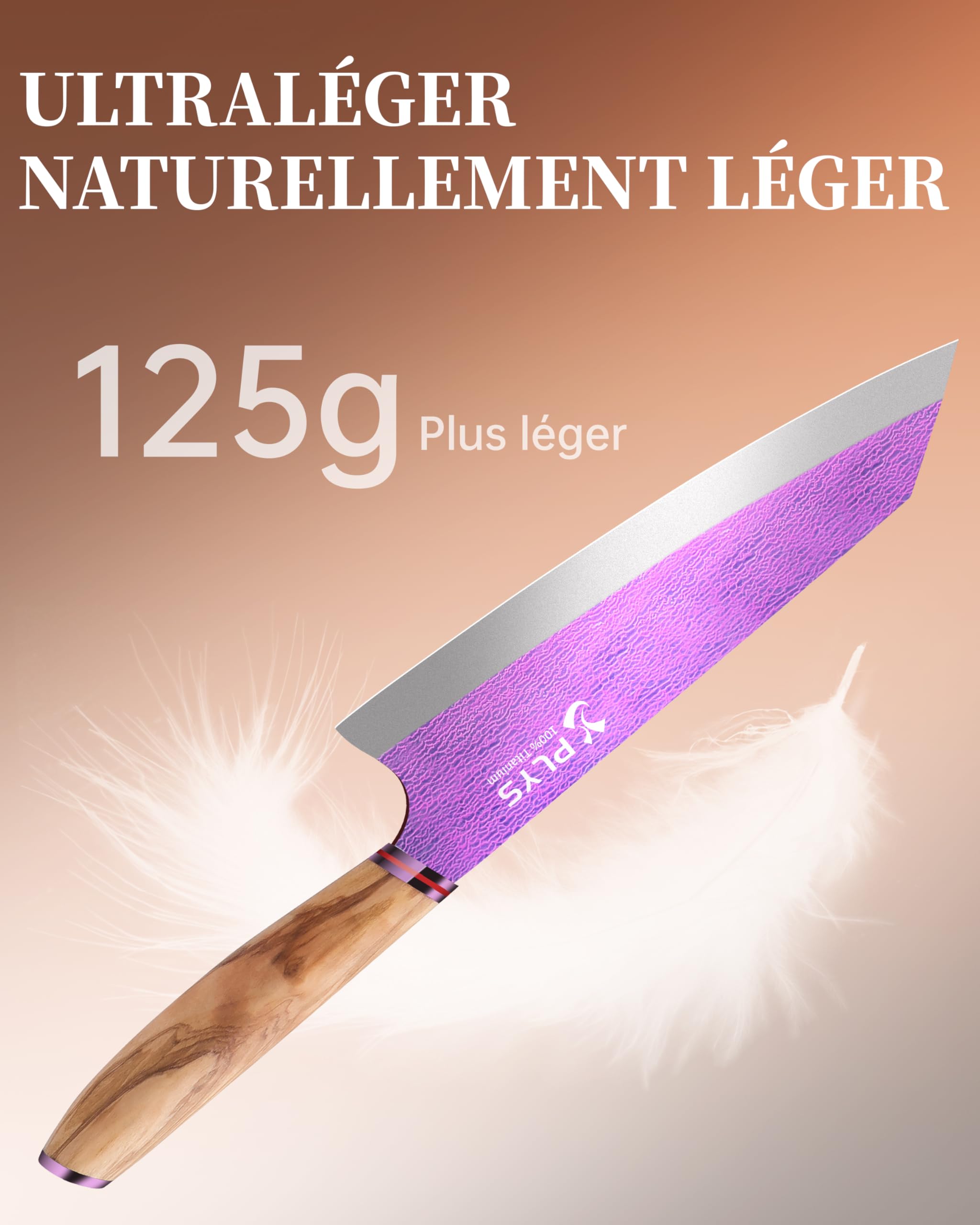Plys Titane Couteau Chef Japonais Kiritsuke: Lame de 20,5 Cm, Tranchant Professionnel, Manche Ergonomique en Bois, MatéRiau en Titane Ultra-LéGer (Violet Aurore)