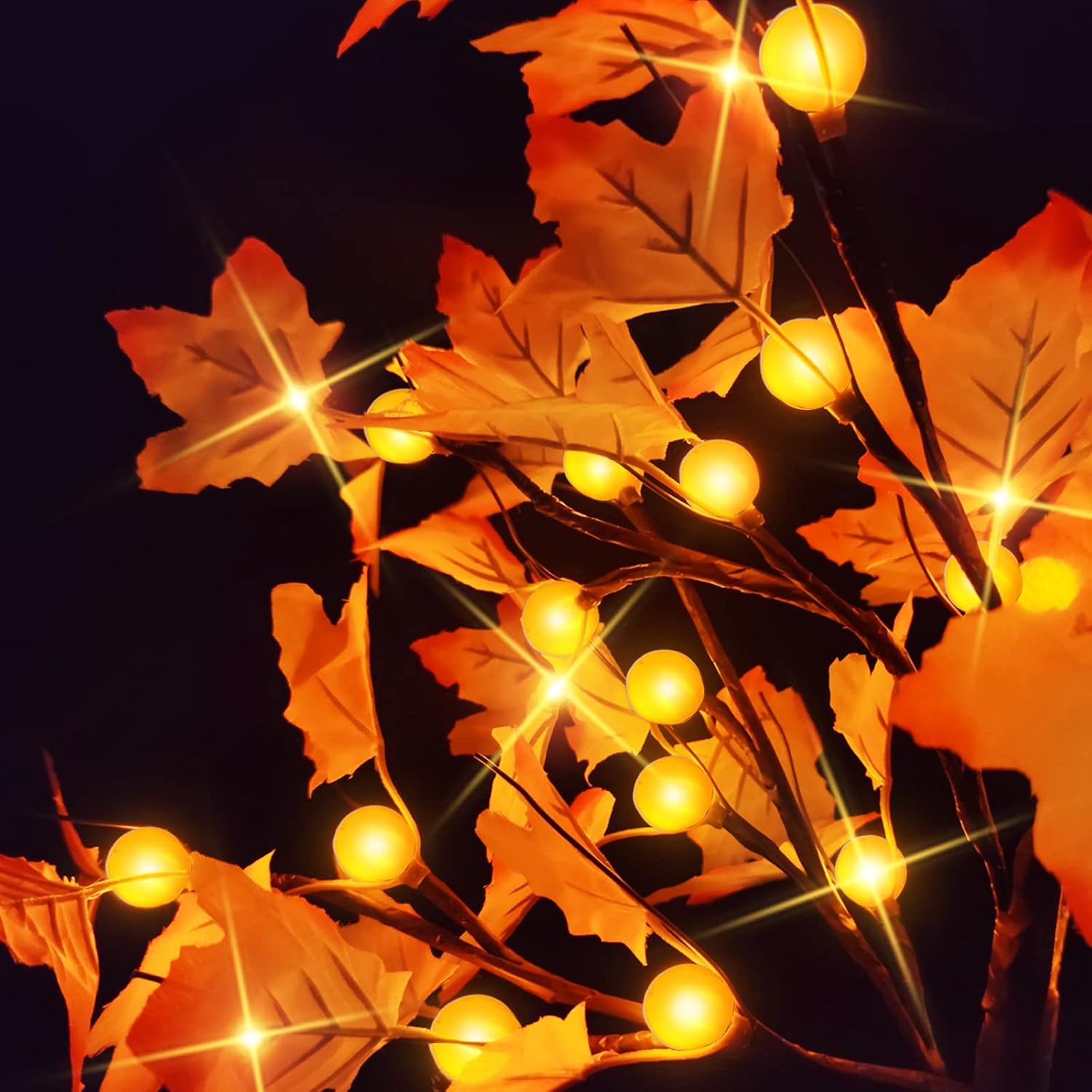 [ 2 Pack & Timer ] 22 Inch Lighted Maple Fall Tree Decor with 48 LEDs Orange Lights Battery Operated Tabletop Acorn Fall Pumpkin Maple Tree for Thanksgiving Autumn Harvest Home Indoor Halloween Decor