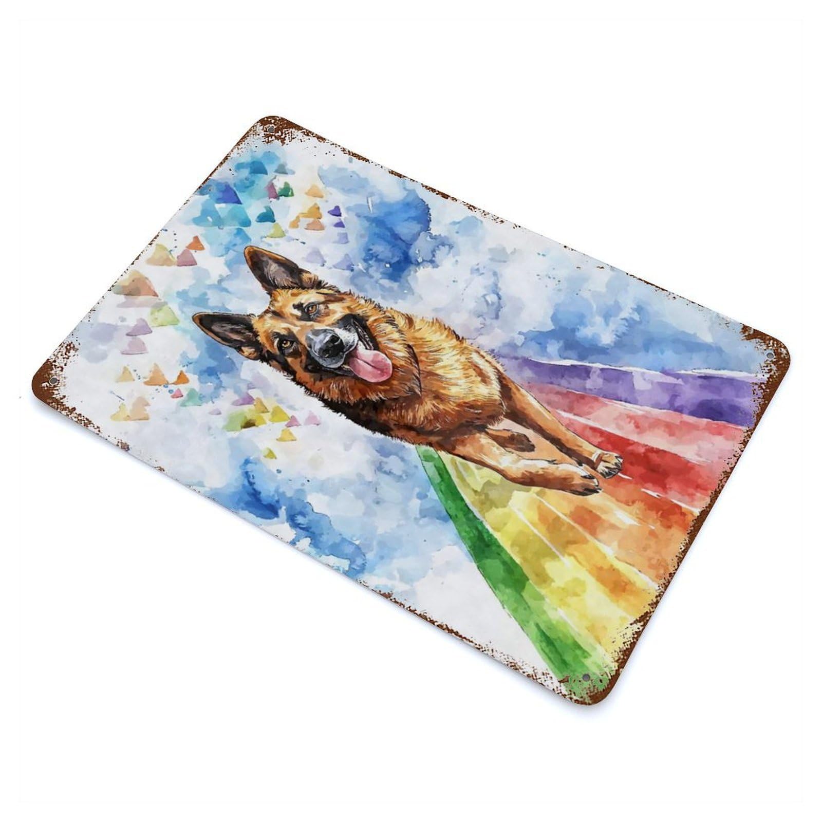 Garage Style German Shepherd Rainbow Bridge Rust Effect Tin Sign 11.8"x7.9", Industrial Home Decor for Bar And Workshop
