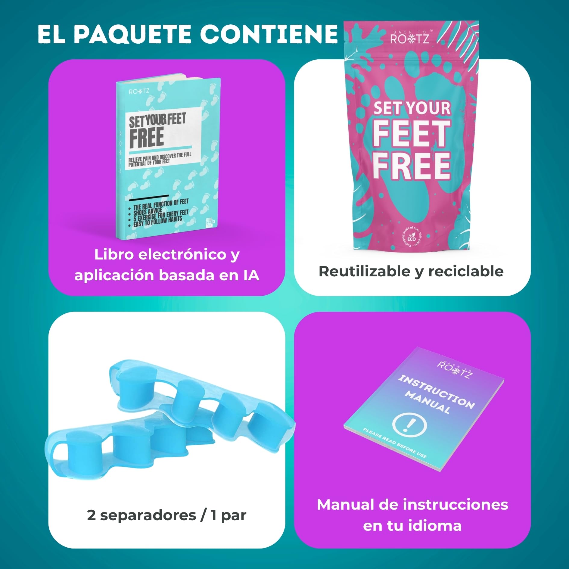 ROOTZ® | Separadores de Dedos de los Pies como Corrector de Juanetes | Enderezador de Dedos para Terapia Barefoot | 2 Piezas de Silicona (Azul)