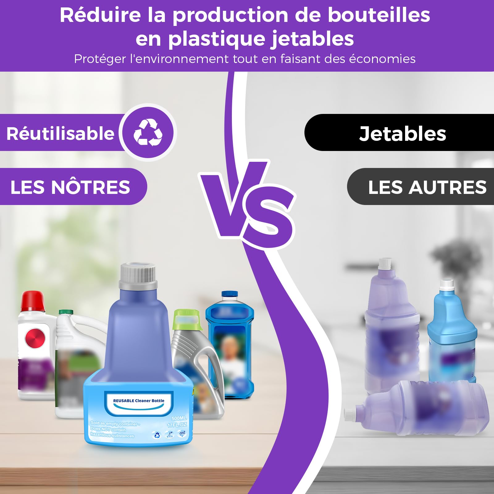 Bouteille Rechargeable pour Mop Swiffer® WetJet™, Bouteille de Recharge Étanche en PEHD pour Solution Nettoyante avec 8 Joints en Silicone et 1 Entonnoir Pliable, 500ml/17oz (Vide)