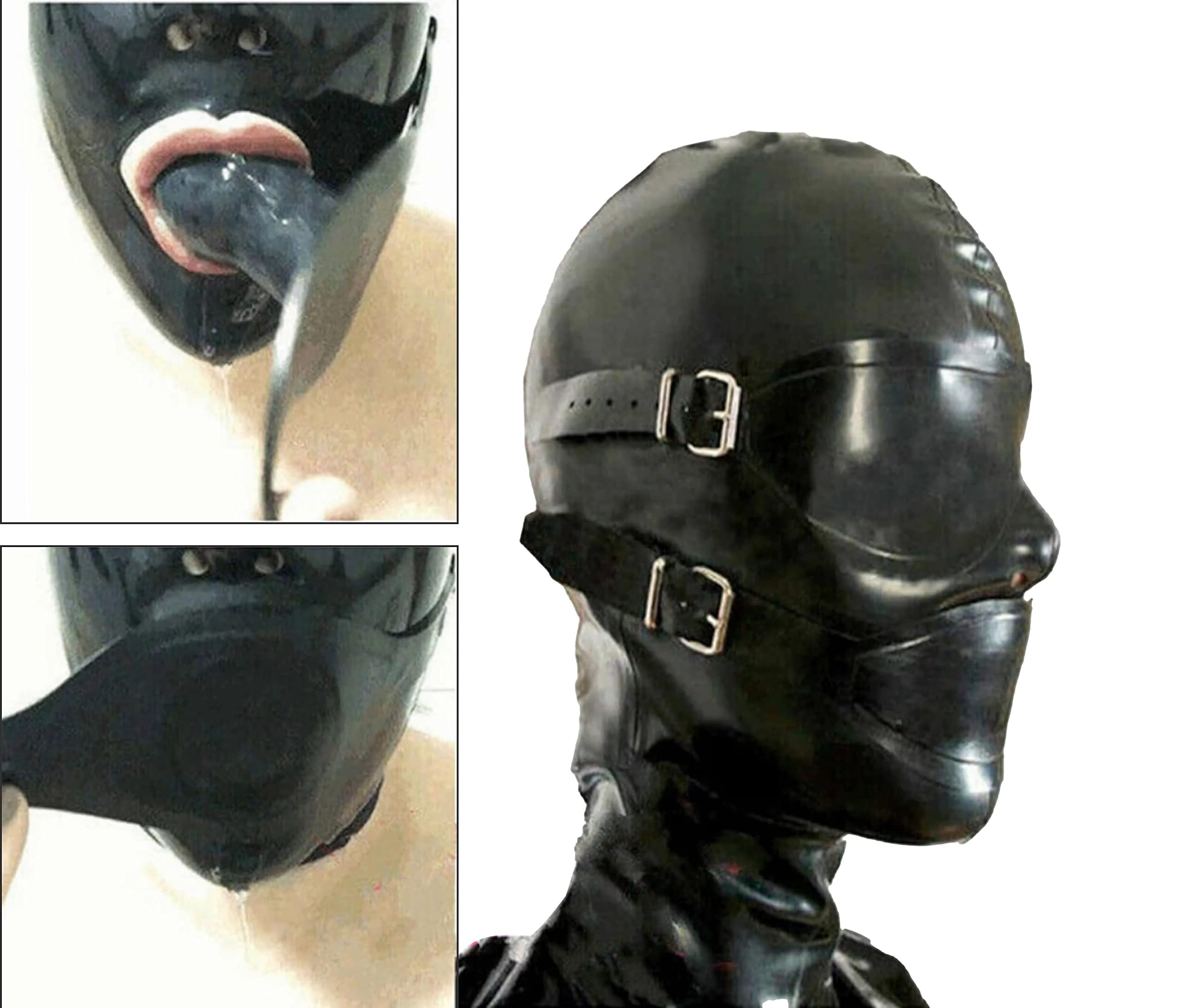 Máscara facial completa con tapón de boca y venda para los ojos, máscara de sombrero de látex BDSM sexual con cremallera