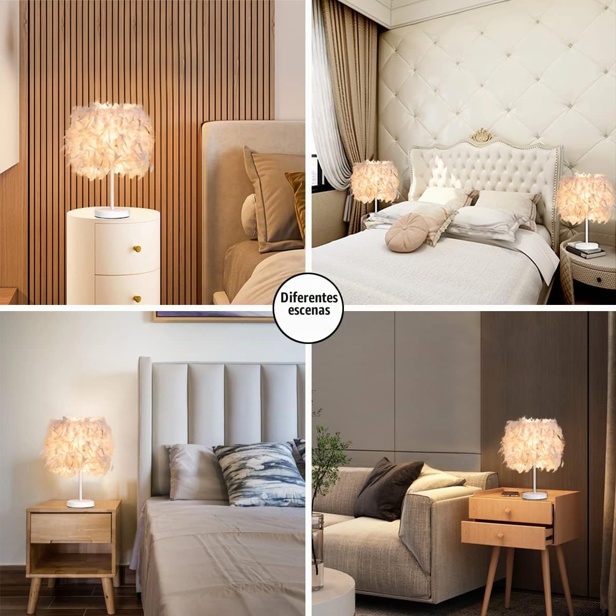 Paquete de 2 lámparas de mesa de plumas Lámpara de mesilla de noche Lámpara de mesilla de noche Base blanca con bombilla de 3 W para sala de estar, dormitorio, decoración del hogar, S