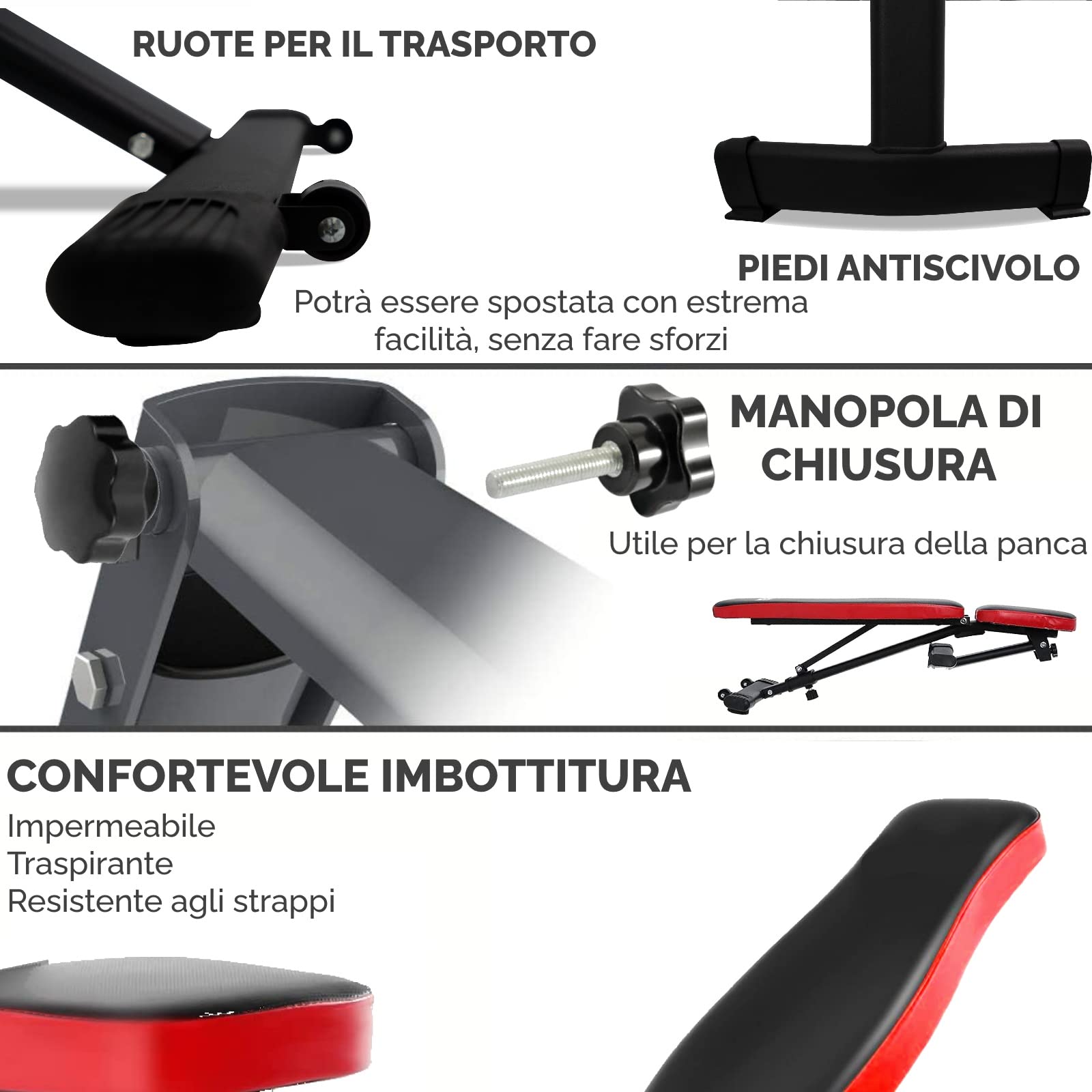FFitness Panca Pesi Pieghevole e Reclinabile: Panca Addominali Multifunzione Regolabile a 7 Posizioni per Palestra - Schienale Piana Reclinabile Salvaspazio per Allenamento Addominali