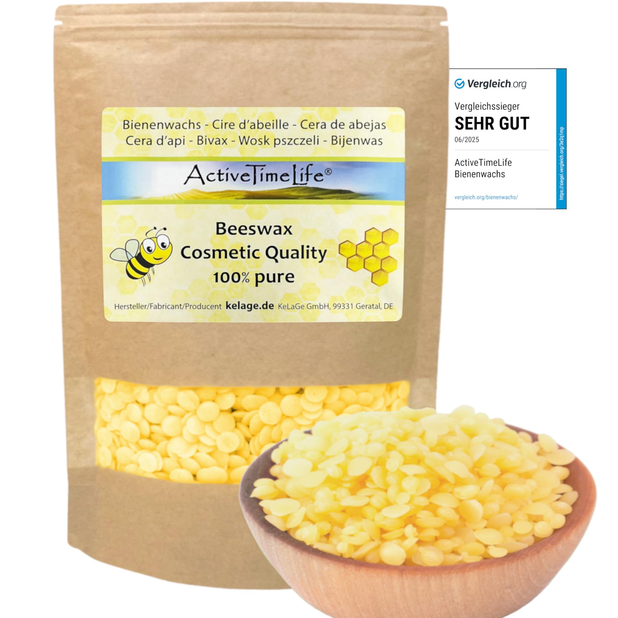 ActiveTimeLife® Bienenwachs Pastillen gelb | Premium | 200 g ideal für Kosmetik Kerzen Cremes Salben Seifen Wachstücher - Das Original im praktischen Zip-Beutel
