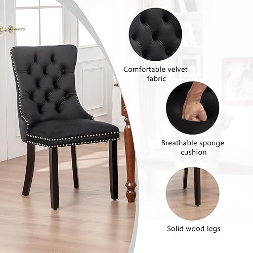 Miniatura 5 de Juego de 4 sillas de comedor de terciopelo, sillas de comedor tapizadas con ribete de anillo y botón trasero y patas de madera, asientos modernos