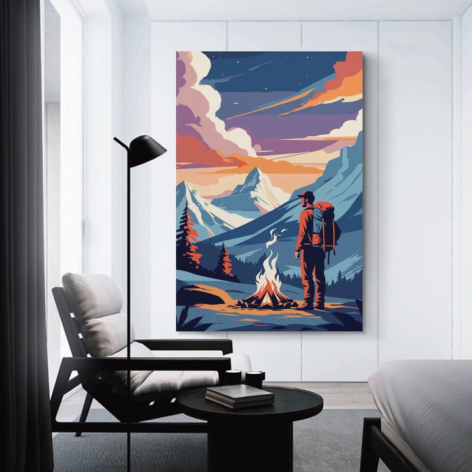 Junmoney Hiker by Campfire Mountain Landscape Art Canvas Wall Decor 16x24inch(40x60cm), for Calm Bedrooms, Home Corners Or Flats, An Easy Wall Refresh for Bedrooms