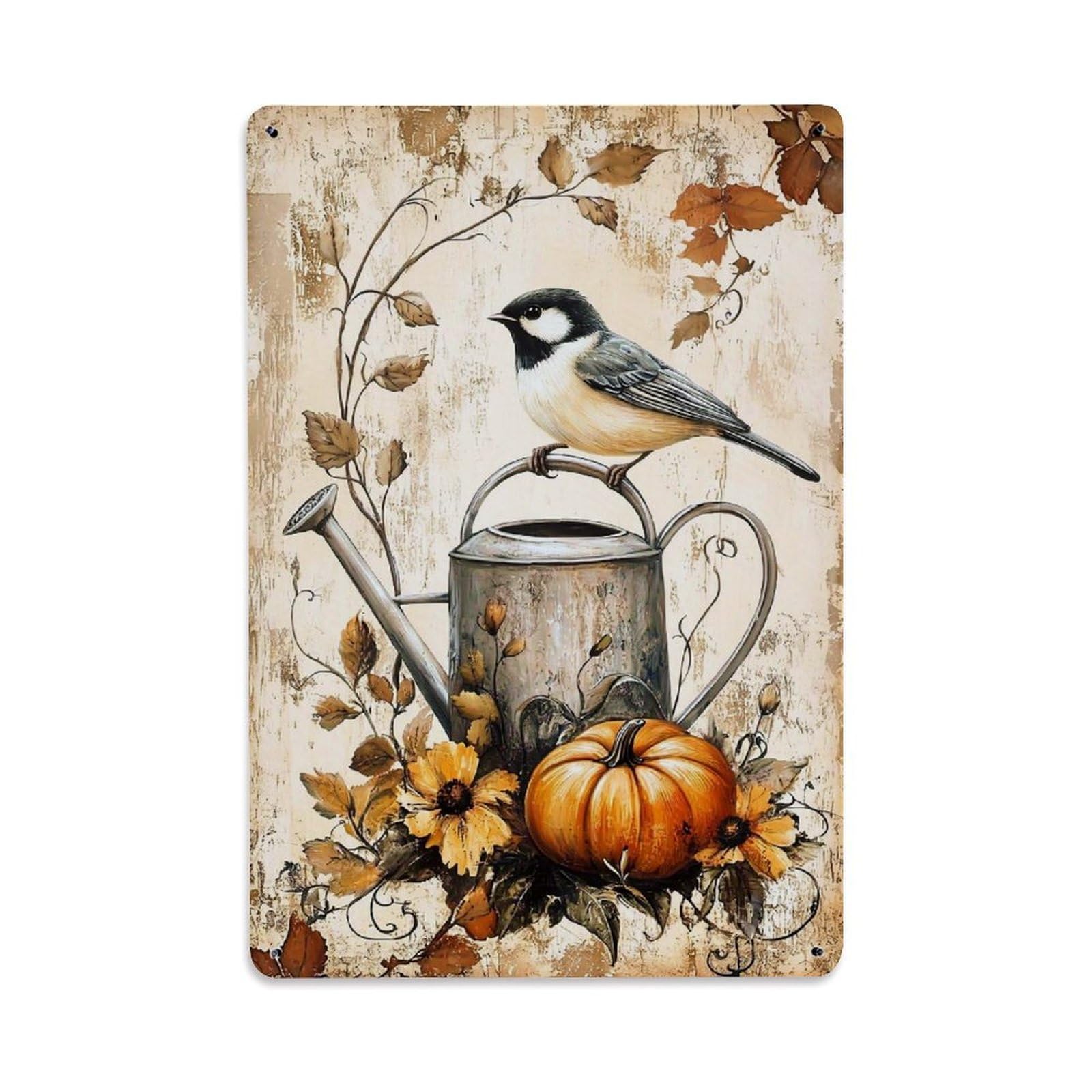 Bird Watering Can Pumpkin Leaves Tin Sign Metal Poster Vintage Metal Signs for Home Man Cave Bar Cafe Kitchen laundry room Wall Decorations Gift 8x12Inch