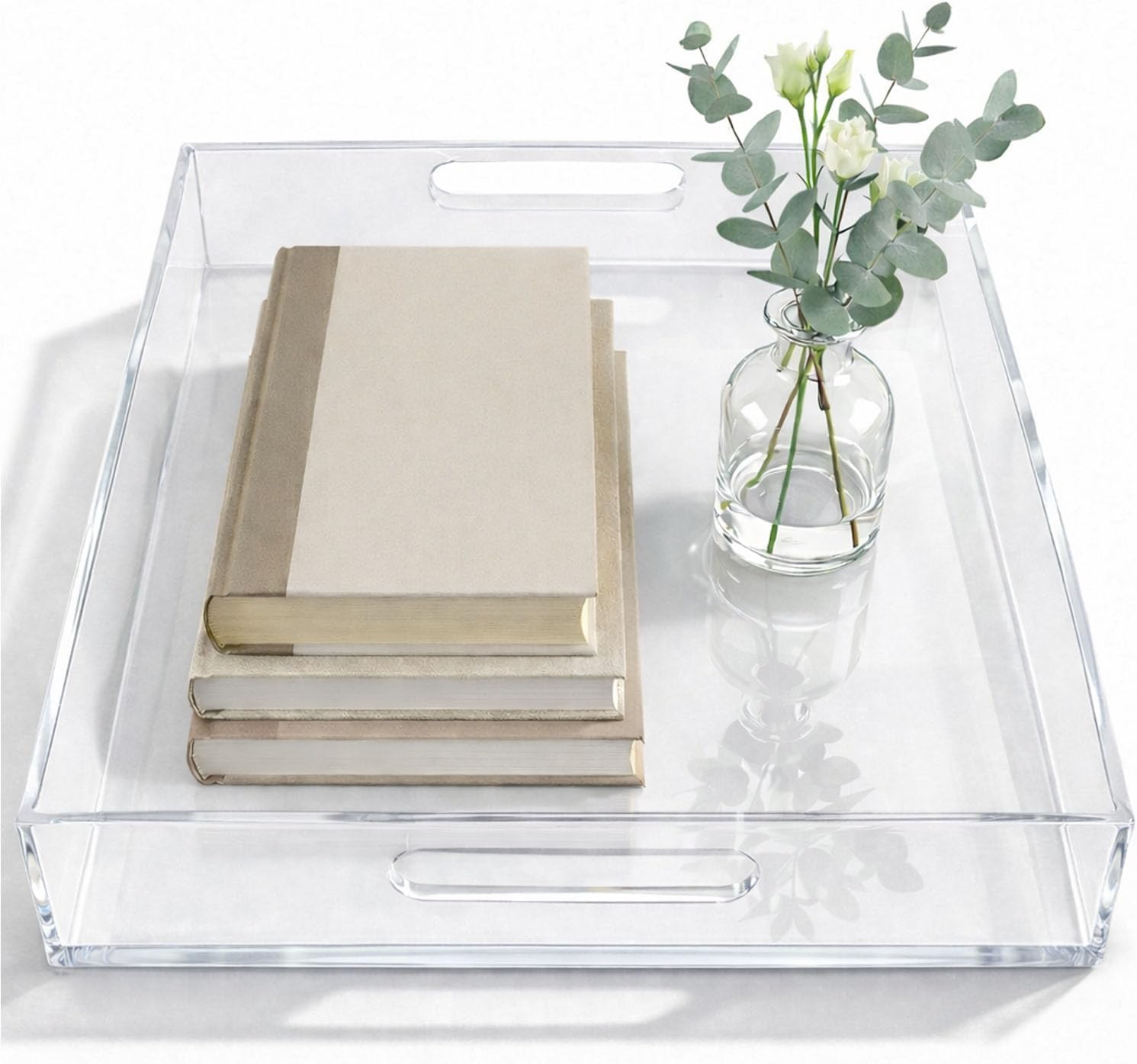 Clear Large Acrylic Serving Tray 20x12, Waterproof Modern Coffee Table Tray with Handles, Decorative Rectangle Acrylic Organizers for Living Room, Bar Cart, Bathroom Decor & Vanity Desk Decor