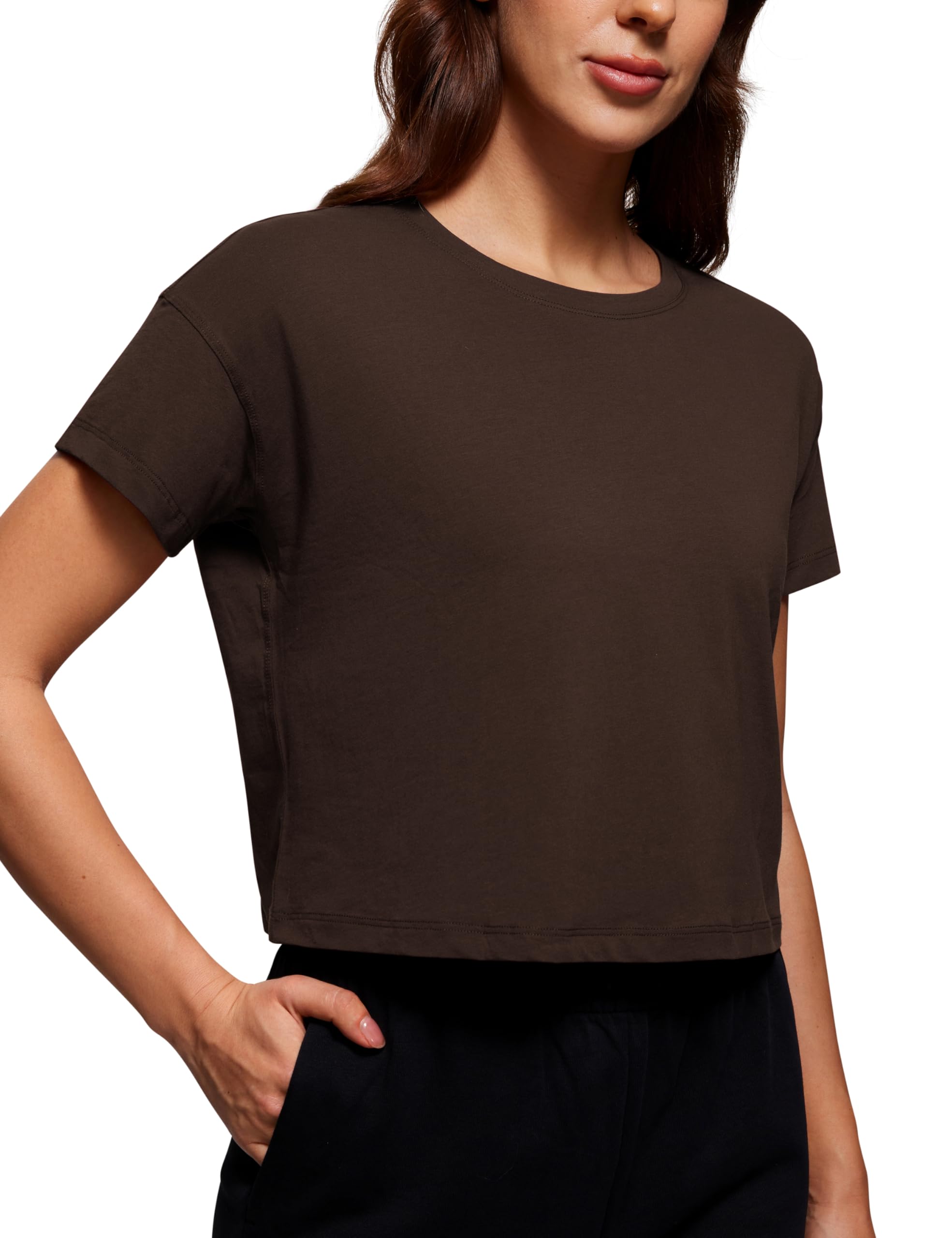 CRZ YOGA Women's Pima Cotton Workout Short Sleeve Shirts Loose Athletic Crop Tops Gym Casual Cropped T-Shirt — view 7