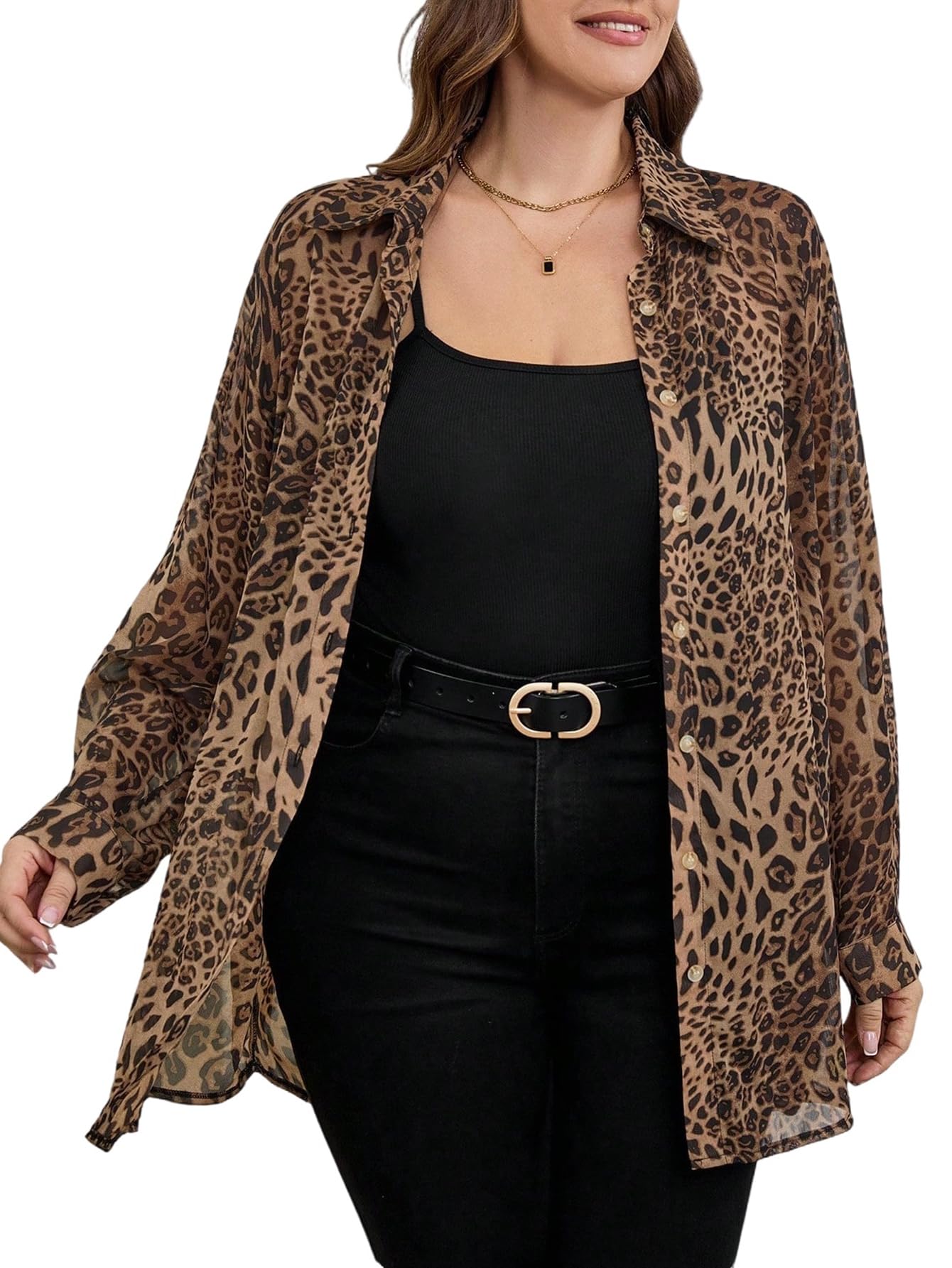 GORGLITTER Chemisier pour femme - Grande taille - Élégant - Motif léopard - Manches longues - Col rabattu - Cardigan - Tenue d'automne