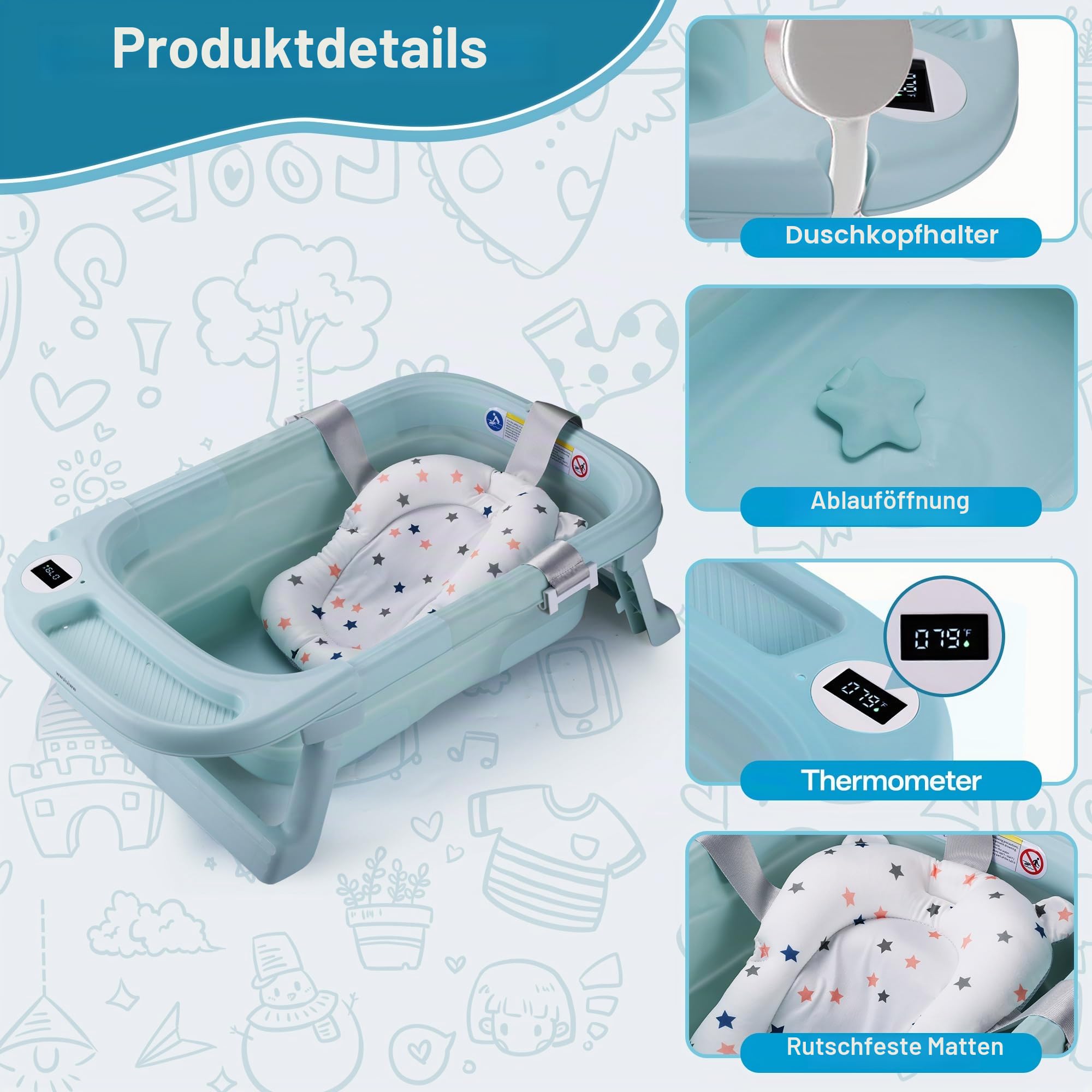 Large Foldable Baby Bath with Bath Mat, Baby Bathtub Foldable with Shower Head Connection and Integrated Thermometer (BLUE+)