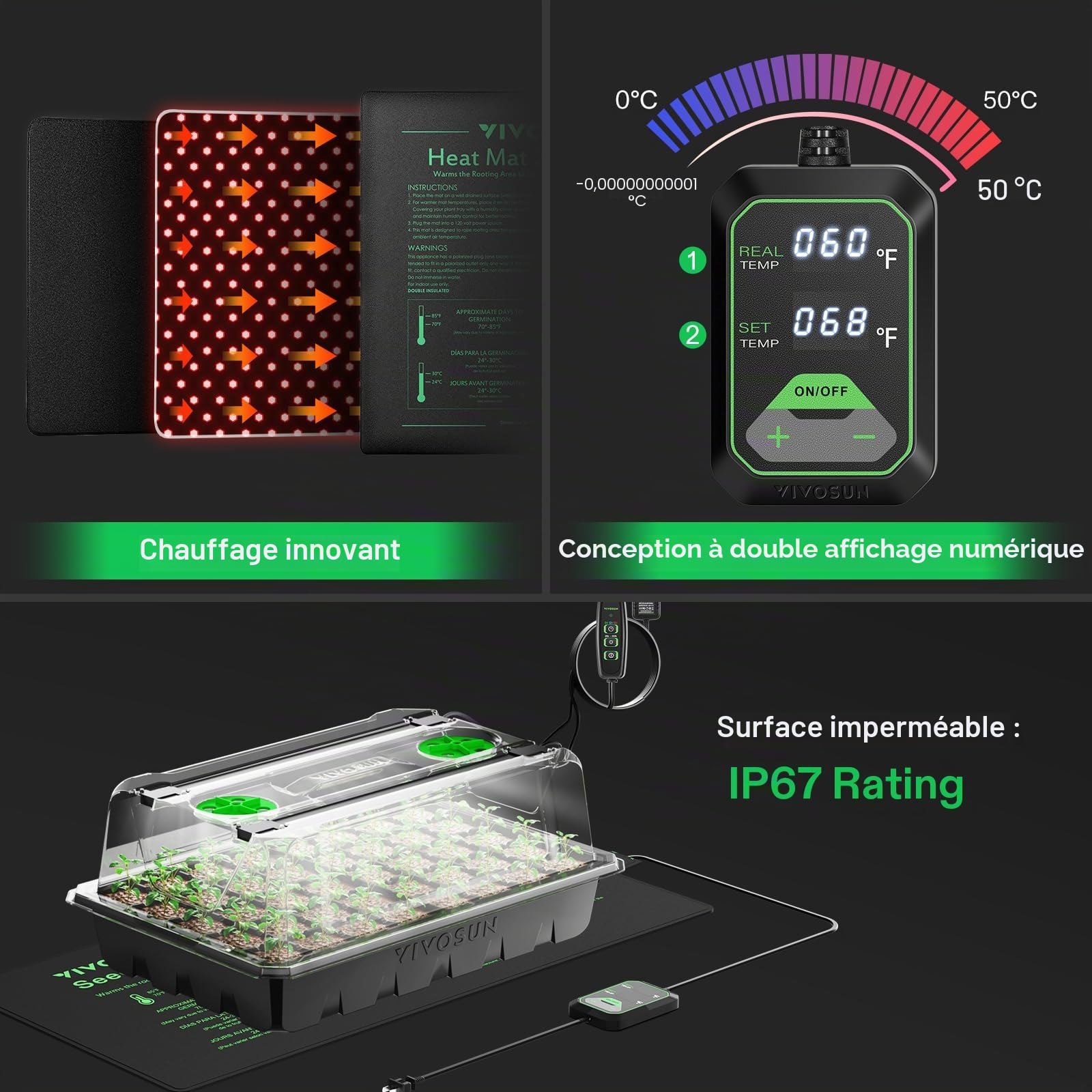 VIVOSUN 1 Plateau de démarrage de graines à 40 cellules avec 1 Jeu de lumières LED et Tapis Chauffant de semis de 25,4 x 52,7 cm, Housse Plus Haute de 9,1 cm, aérations réglables, Trous de Drainage,