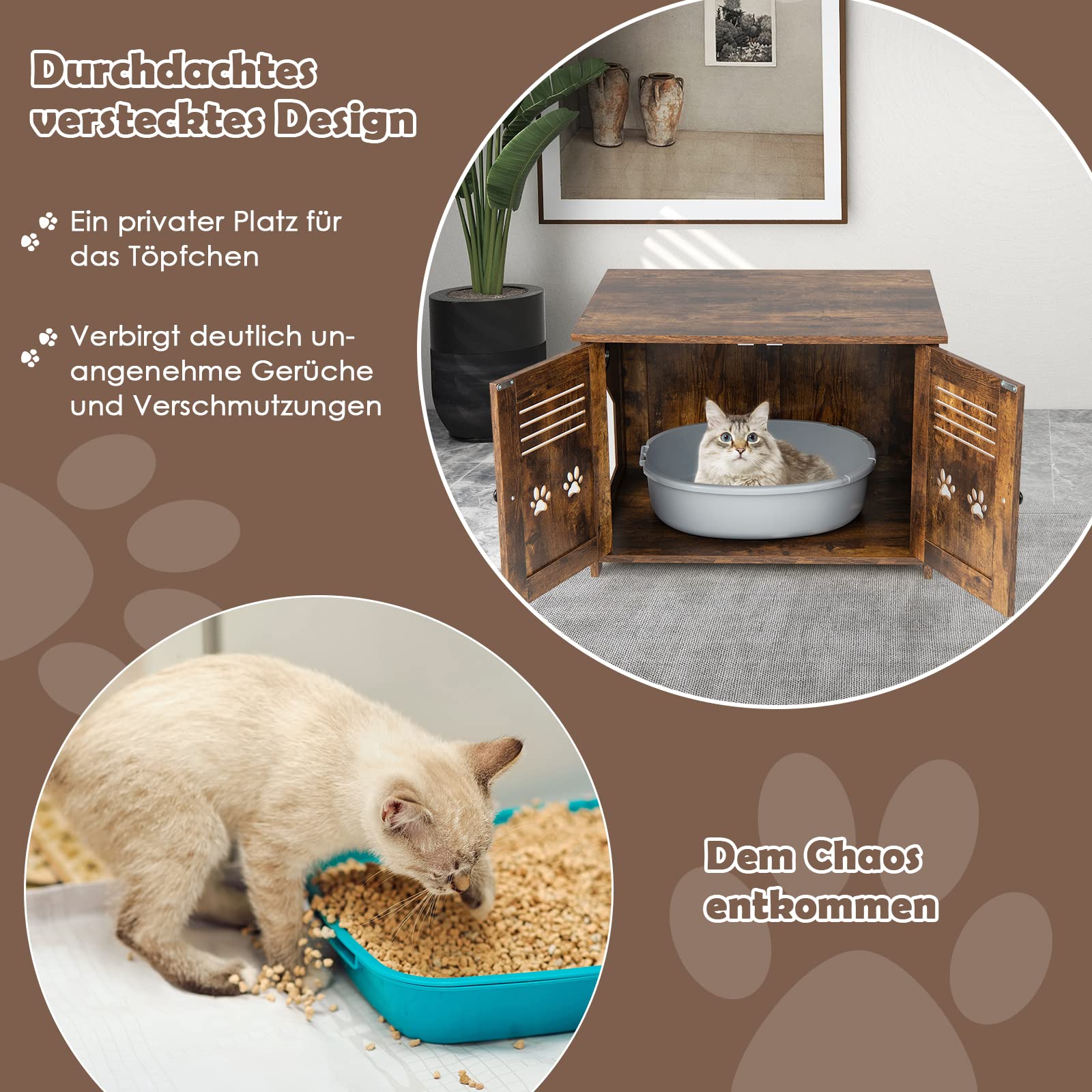 GOPLUS Katzenschrank, Katzentoilette mit seitlichem Eingang, 2 Türen, 2 in 1 Katzenhaus und Couchtisch, Katzenmöbel Industrial-Still für den Innenbereich, für Katzen jeder Größe
