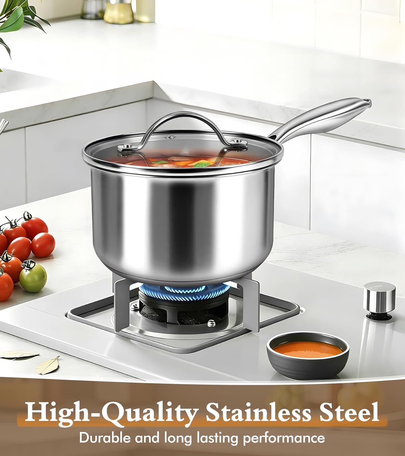 Stainless Steel Saucepan Set with Lids 1.5QT & 2.2QT, Tri-Ply Stainless Steel Sauce Pot Set, Induction Saucepans, 4 Pcs Nonstick Saucepans Cookware Set, Dishwasher Safe