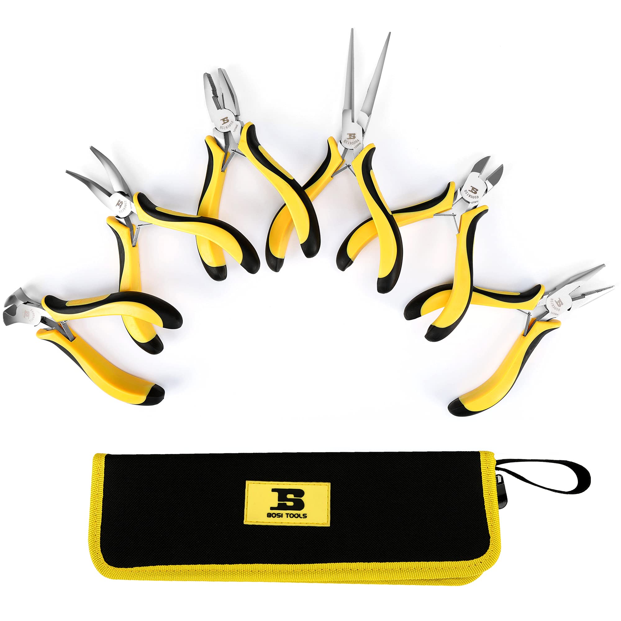 B BOSI TOOLS6-piece Mini Pliers Set, Needle Nose Pliers, Diagonal Pliers, Long Nose Pliers, Bent Nose Pliers, End Cutters and Linesman Pliers, with Storage Pouch Making Craft Electronic Repair