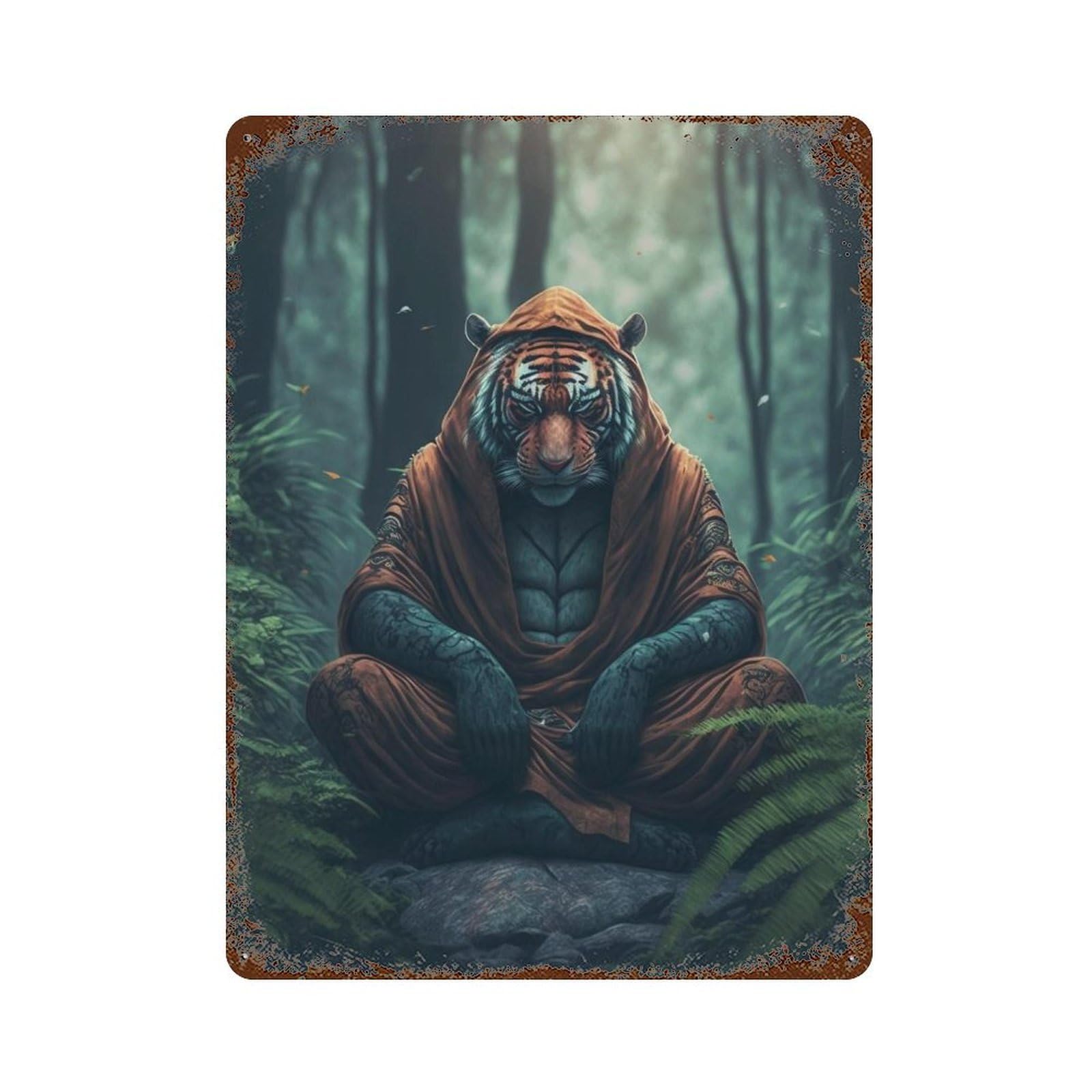 Tiger Meditation Forest Weathered Tin Sign 15.7"x11.8", Classic Wall Plaque for Garage, Bar And Workshop Decor