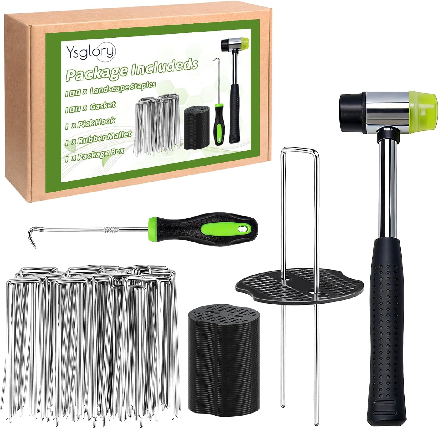 6 Inch Garden Stakes, 100Pcs Landscape Staples + 100Pcs Gasket + Pick Hook + Rubber Mallet, Landscape Fabric Stakes Pins 11 Gauge Landscape pins Lawn Staples for Weed Barrier Plant Cover (100)