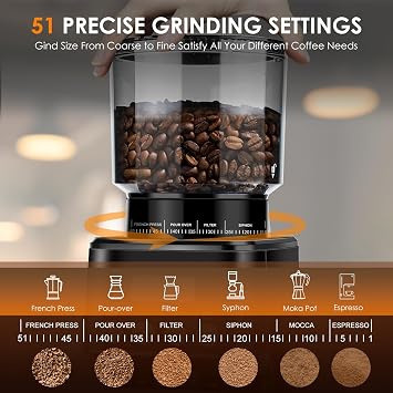 Homtone Conical Burr Coffee Grinder Electric, 51 Precise Grind Settings