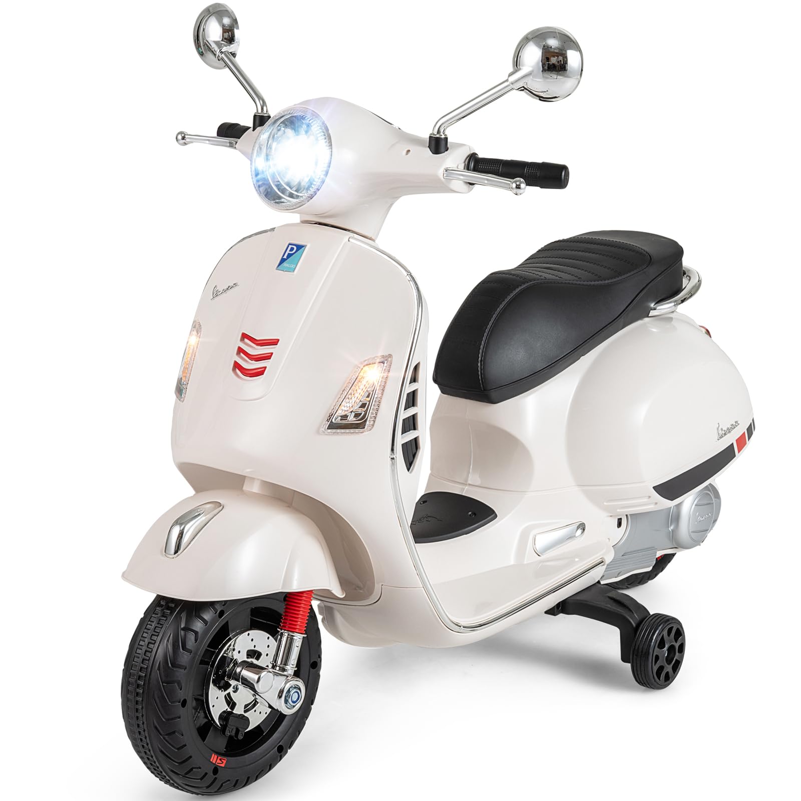 COSTWAY Kinder Motorrad Elektrisch, Vespa 12V Motorrad mit LED-Scheinwerfer & Hupe, 2-3 km/h Elektro Kindermotorrad mit Stützrädern, Elektrofahrzeug für Jungen & Mädchen von 3-6 Jahren (Weiß)
