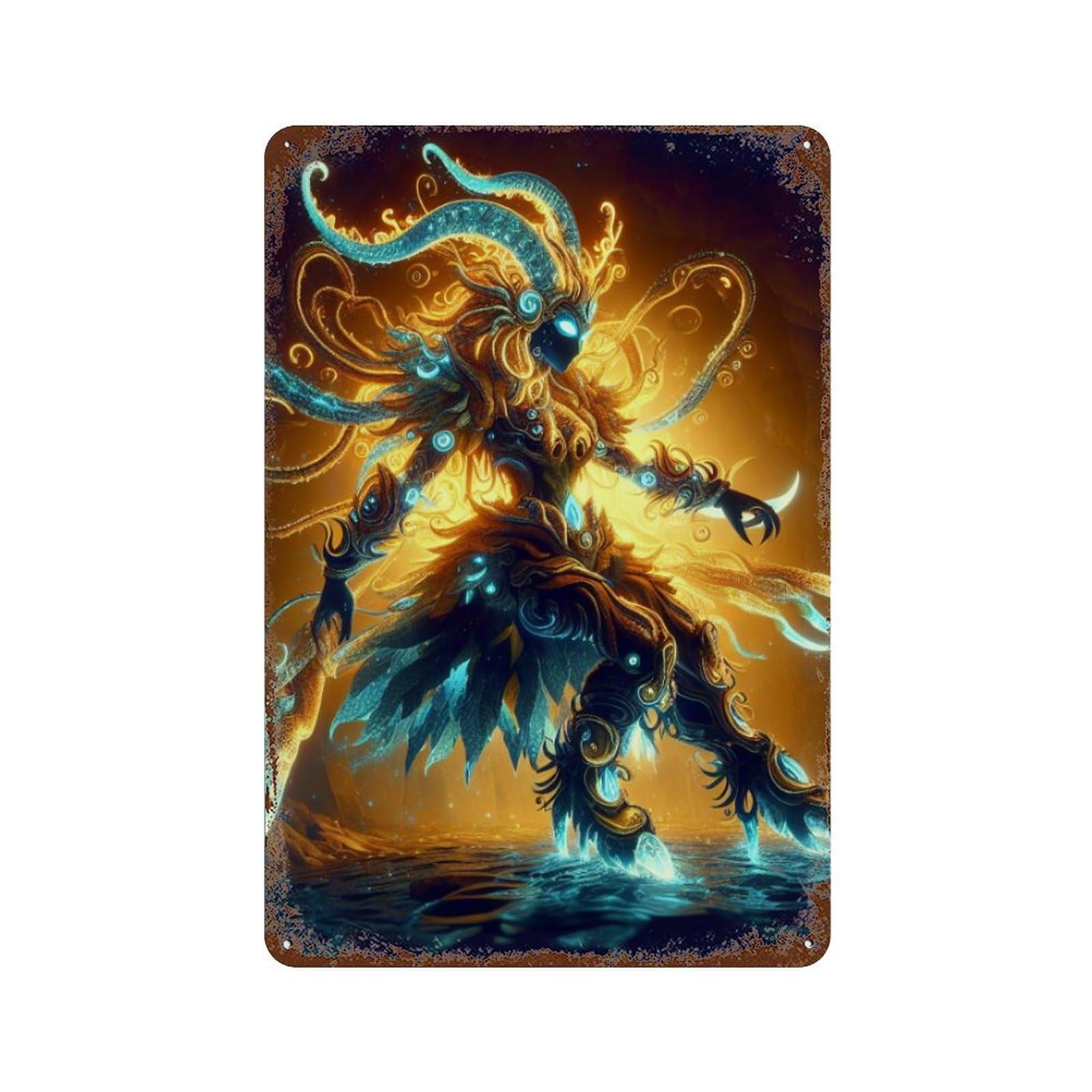 Fantasy Demon Artwork Rust Effect Tin Sign 11.8"x7.9", Farmhouse Wall Decor for Bistro, Counter And Cafe Decor