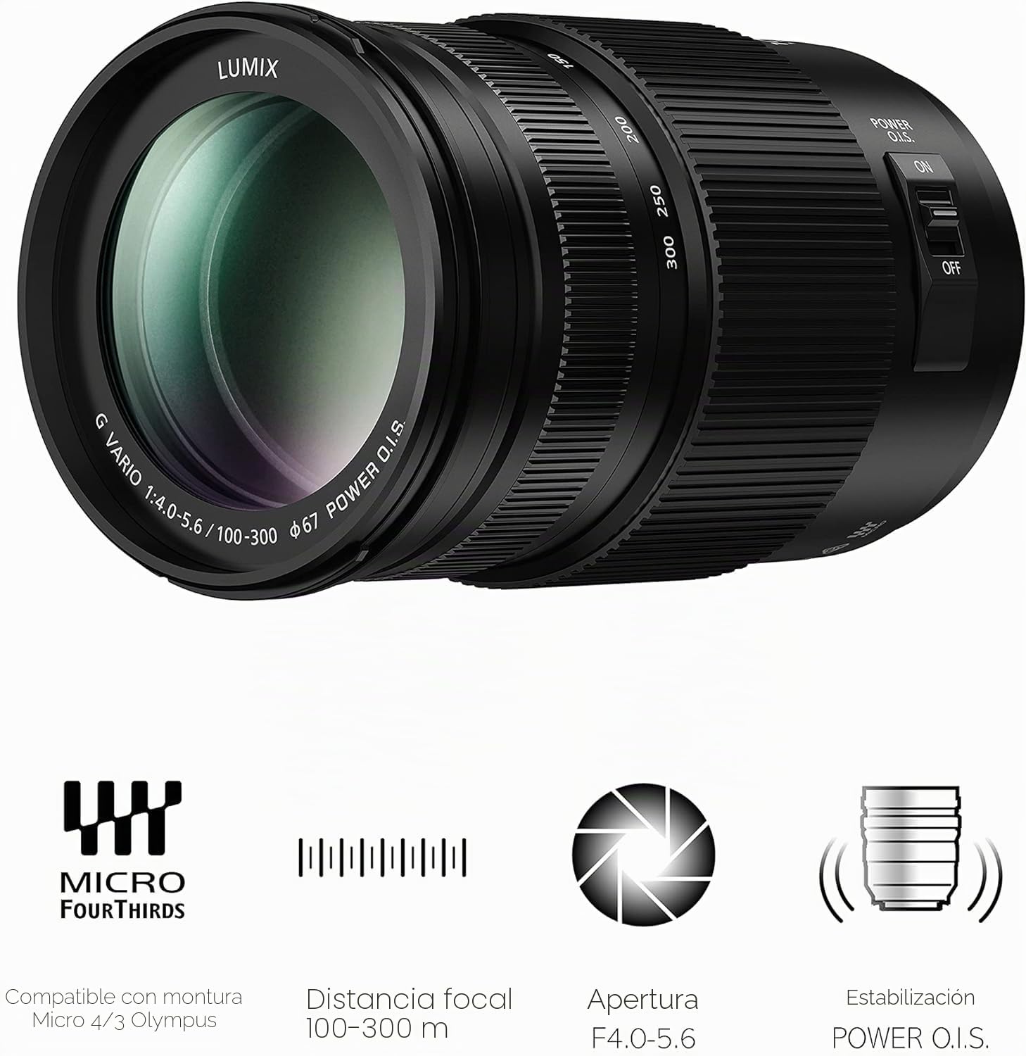 Panasonic LUMIX H-FSA100300 II - Objetivo Tele Zoom para cámaras de Montura M4/3 (Focal 100-300 mm, F4-F5.6, tamaño Filtro 67 mm, Power O.I.S), Negro