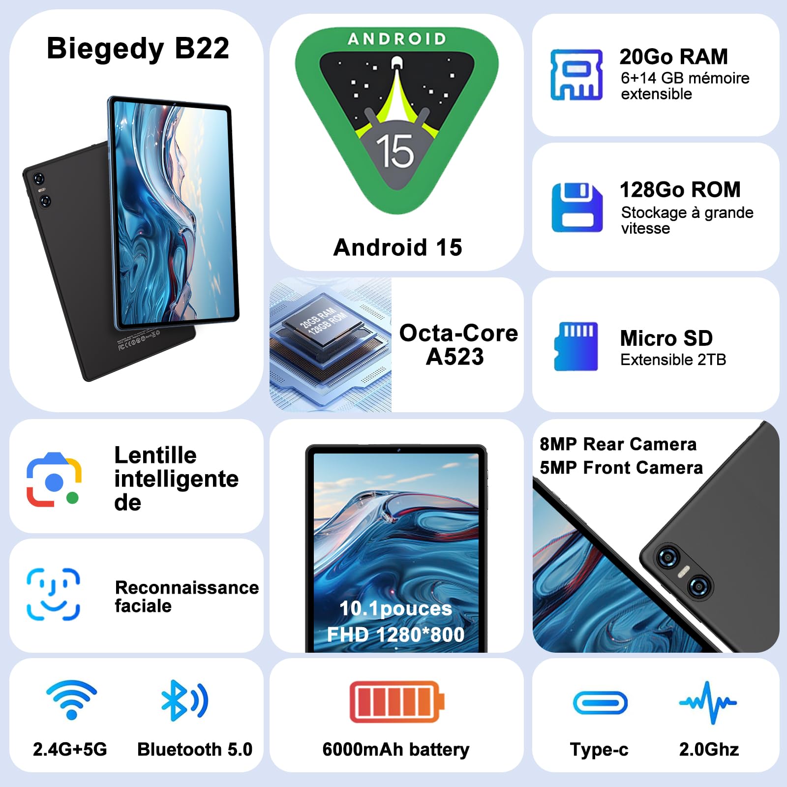 2026 Dernier Tablette 10 Pouces Android 15 avec Gemini AI, 20GO RAM + 128Go ROM, Octa-Core, 5G WiFi 6, Widevine L1, GMS, GPS, BT 5.0, 6000mAh, 5MP+8MP, Tablette avec Clavier+Souris et Cas - Noir