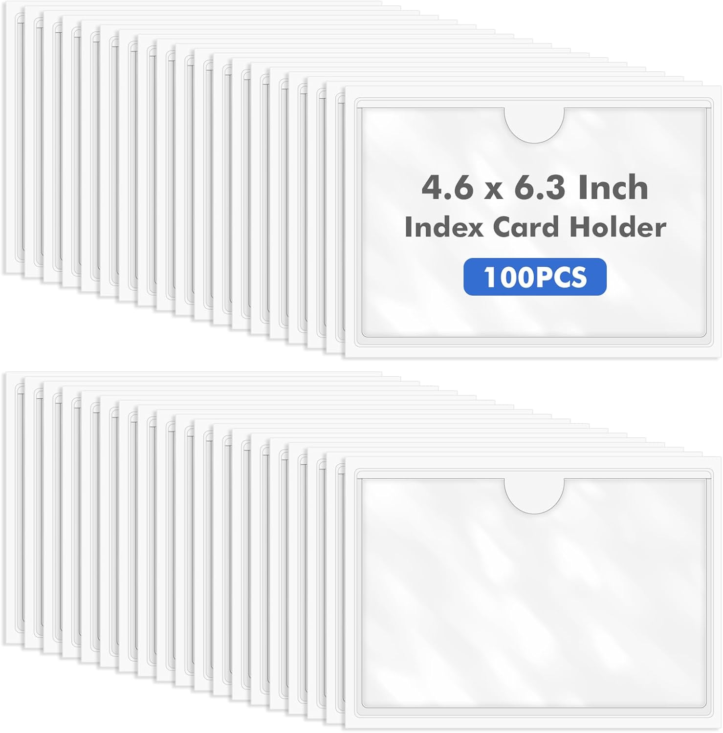 Circloophs 100 Packs Self Adhesive Index Card Pockets for 4”x 6” Card, Adhesive Label Holders with Top Open – 4.6”x 6.3” Clear Adhesive Label Pockets for Storage Bins, Locker, Shelves, Library, Office