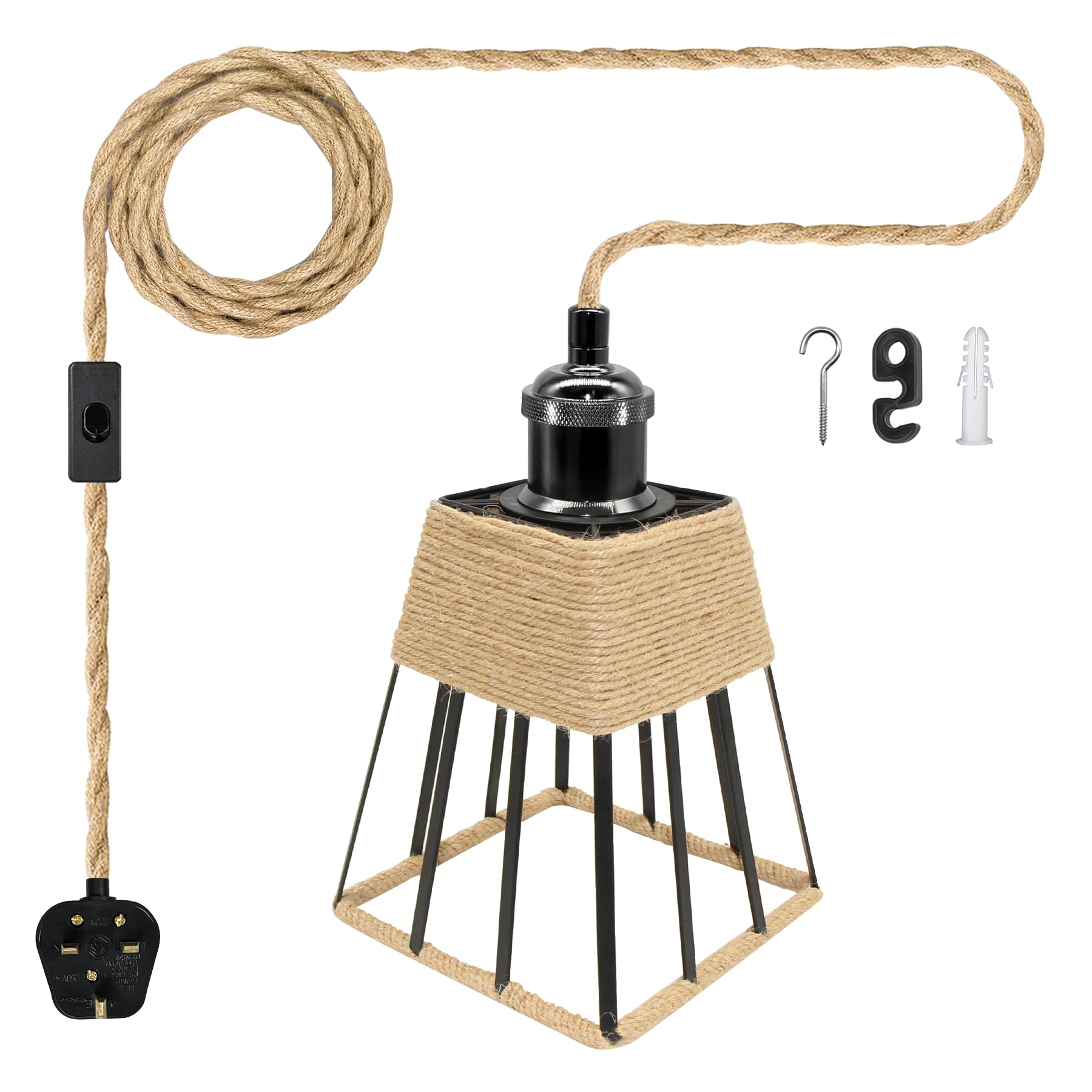 LAKONEI 16.7FT Hand Woven Hemp Rope Ceiling Light, Plug in Pendant Lamp Kit with Square Iron Cage Shade, Pearl Black E27 E26 Metal Socket for Boho Vintage Hanging Fixture