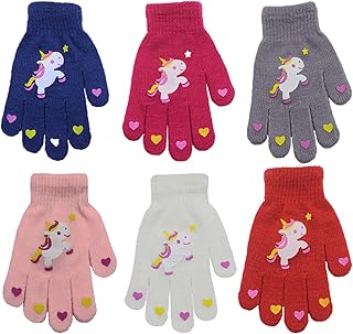 Jupsk Kids Winter Knitted Unicorn Gloves - Magic Full Finger Stretchy Warm Gloves for Boys & Girls, Unisex, 4-9 Years Old, 6 Pairs