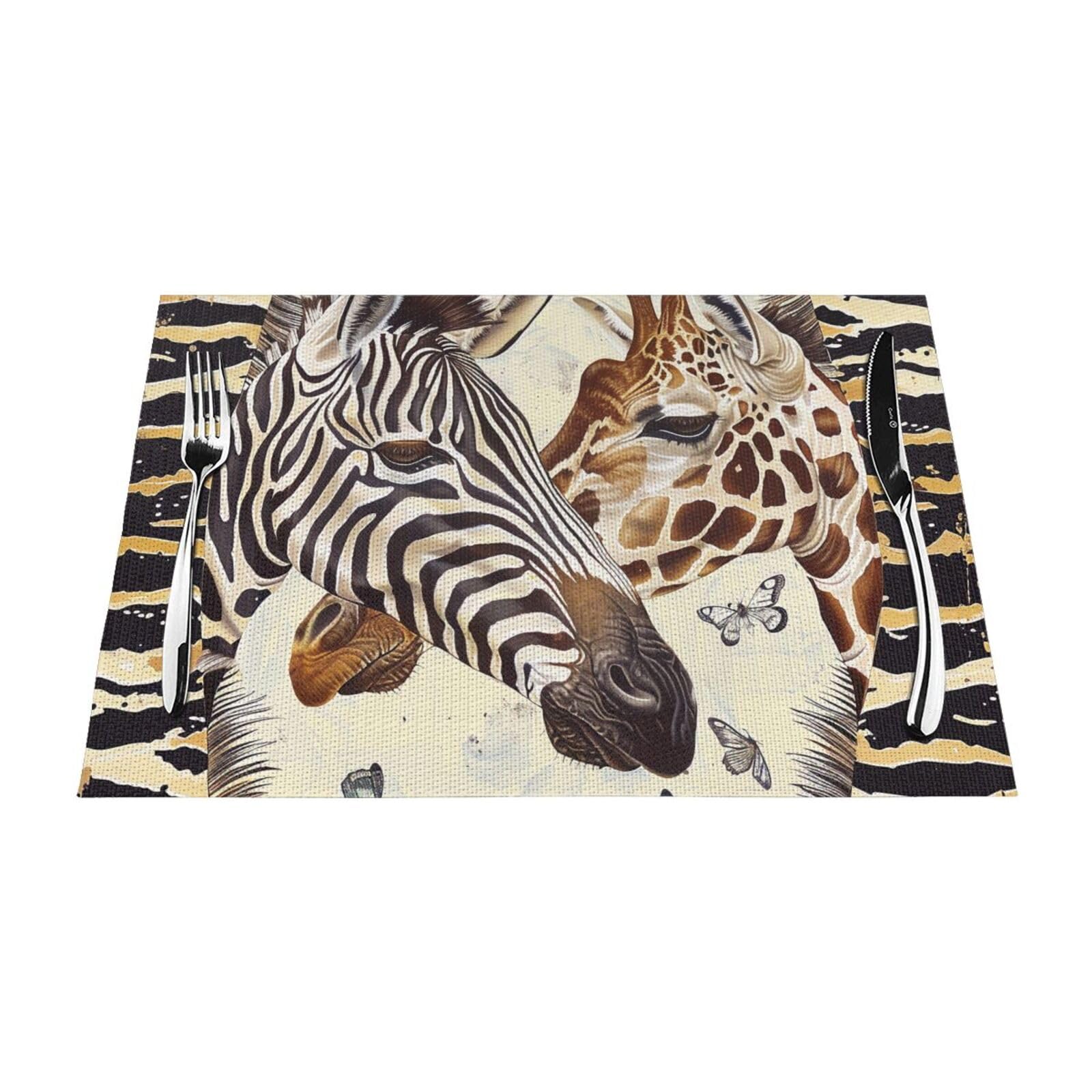 Zebra and Giraffe Printed PVC Placemat 4 PCS for Kitchen Dining Table Heat-resistand Washable Table Mats 18x12 in