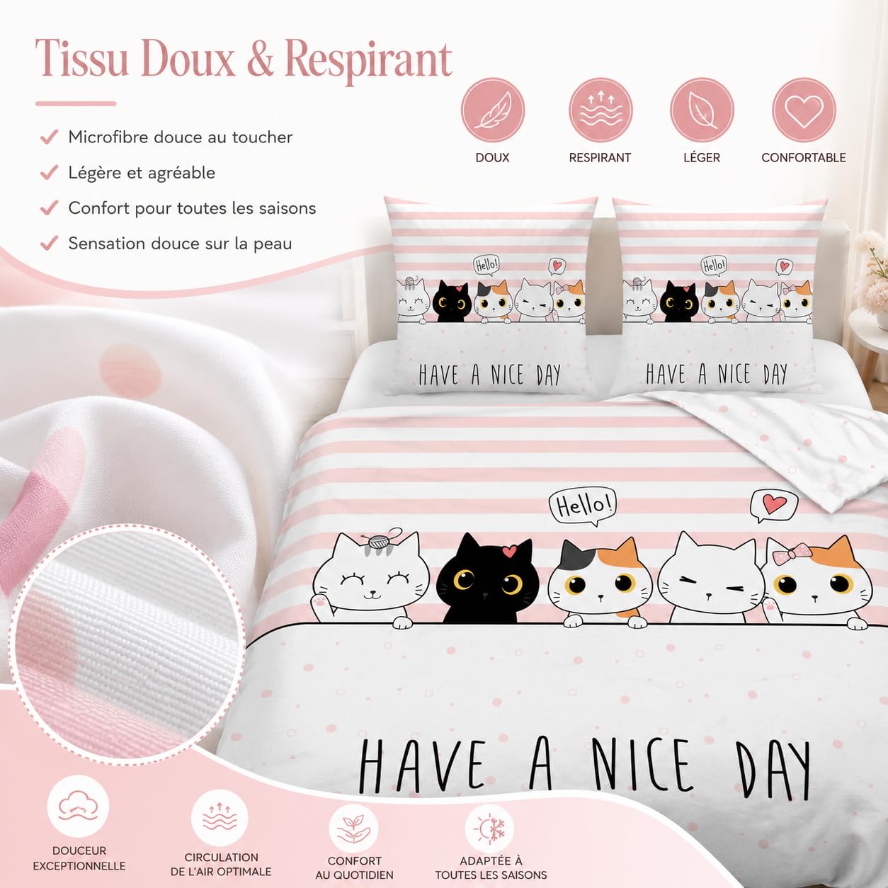 Housse de Couette 140x200 cm Enfant Chat Rose Parure Lit 1 Personne | Parure Fille Réversible Imprimée avec 2 Taies 65x65 cm, Motif Chaton Mignon à Rayures, Microfibre Douce avec Fermeture Éclair