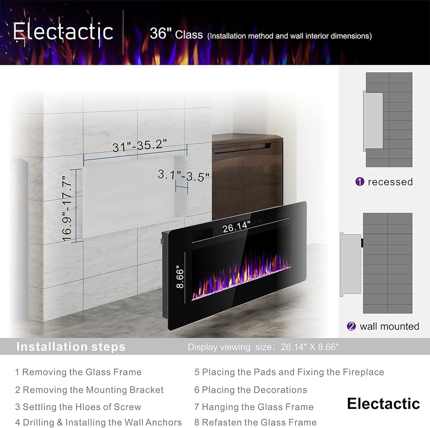 Diagram showing recessed and wall-mounted installation methods for the electric fireplace.