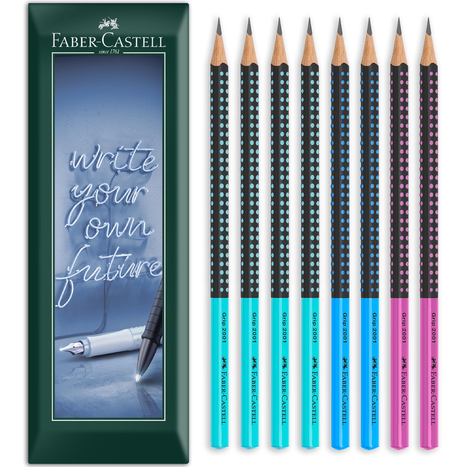 Faber-Castell Grip 2001 Two-Tone Triangular Graphite Pencil - HB Lead Grade - Envelope Gift Pack of 8 Pencils (Black/Turquoise, Blue, Pink)