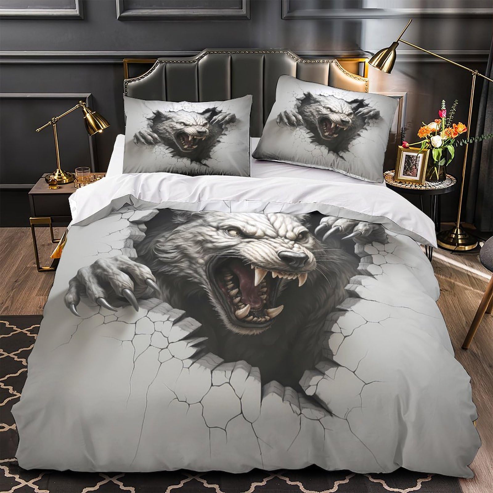 Grauer Wolf 3-teiliges Reines Polyester 3D Wandbild Stil Bettbezugset, Versteckter Reißverschluss, Für Kleinkinder, Babysicher & Gifffrei, Pflegeleicht King（220x240cm）
