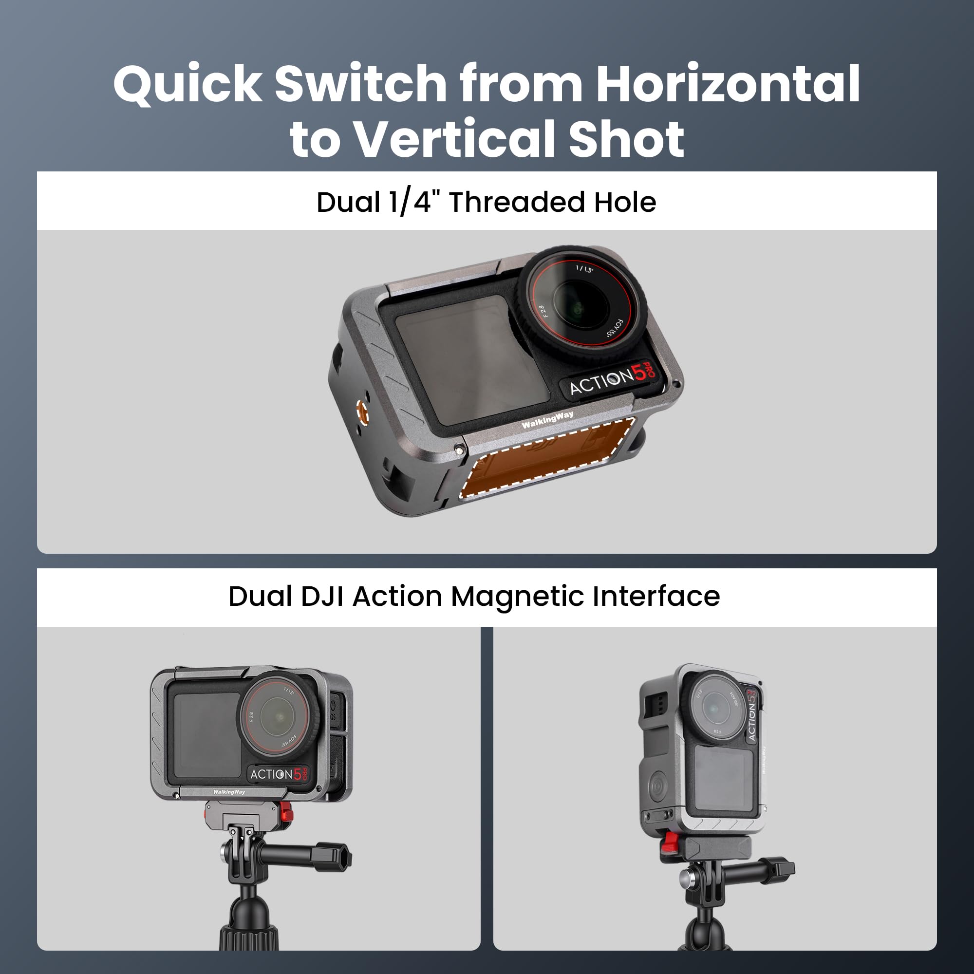 Walking Way Gabbia Protettiva in Metallo per DJI Osmo Action 5 Pro/4/3, Telaio in Lega di Alluminio con Slitta a Freddo e Filettatura da 1/4"-20, Attacco Magnetico Rapido per Accessori DJI Mic