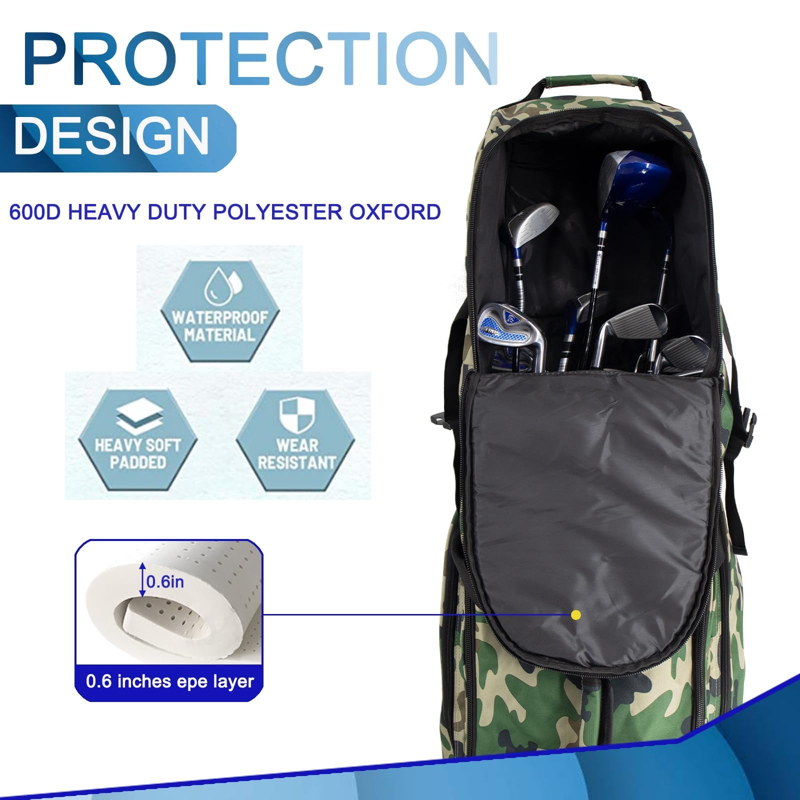 Goloni Golf-Reisetasche für Fluggesellschaften mit Rädern, strapazierfähiges 600D-Polyester-Oxford, verschleißfest, weiche, Faltbare Golfschläger-Reisetaschen, vorne mit Schuhfach