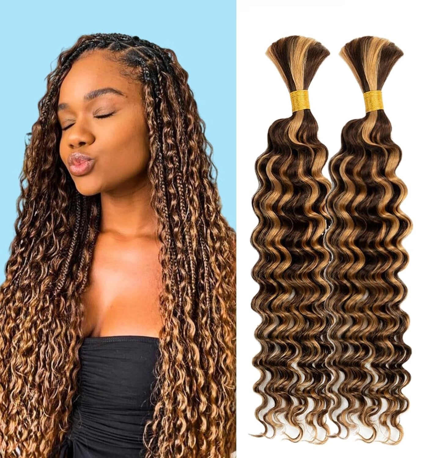 Ombre Braiding Hair 100g 18 Inch Deep Water Wave 2 Bundle Bulk Human Hair for Braiding 10A Brazilian Virgin Highlight Curly Hair Extensions for Boho Braids Wet and Wavy Honey Blonde Braiding Hair