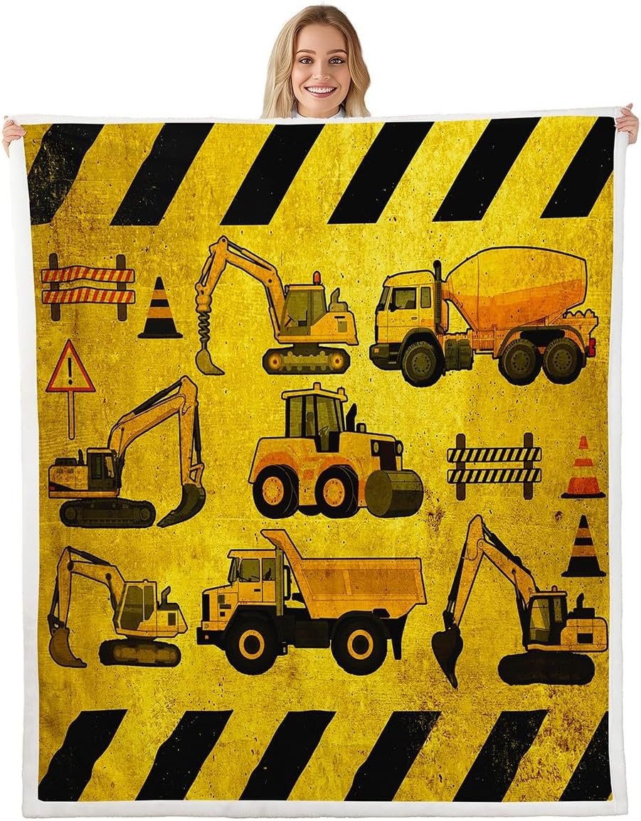 Erosebridal Excavators Flannel Blanket Equipment Trucks Sherpa Blanket Construction Tractor Throw Blanket, Yellow Vehicle Fuzzy Blanket for Kids Boys Teens, Kids Car Theme Room Twin Size