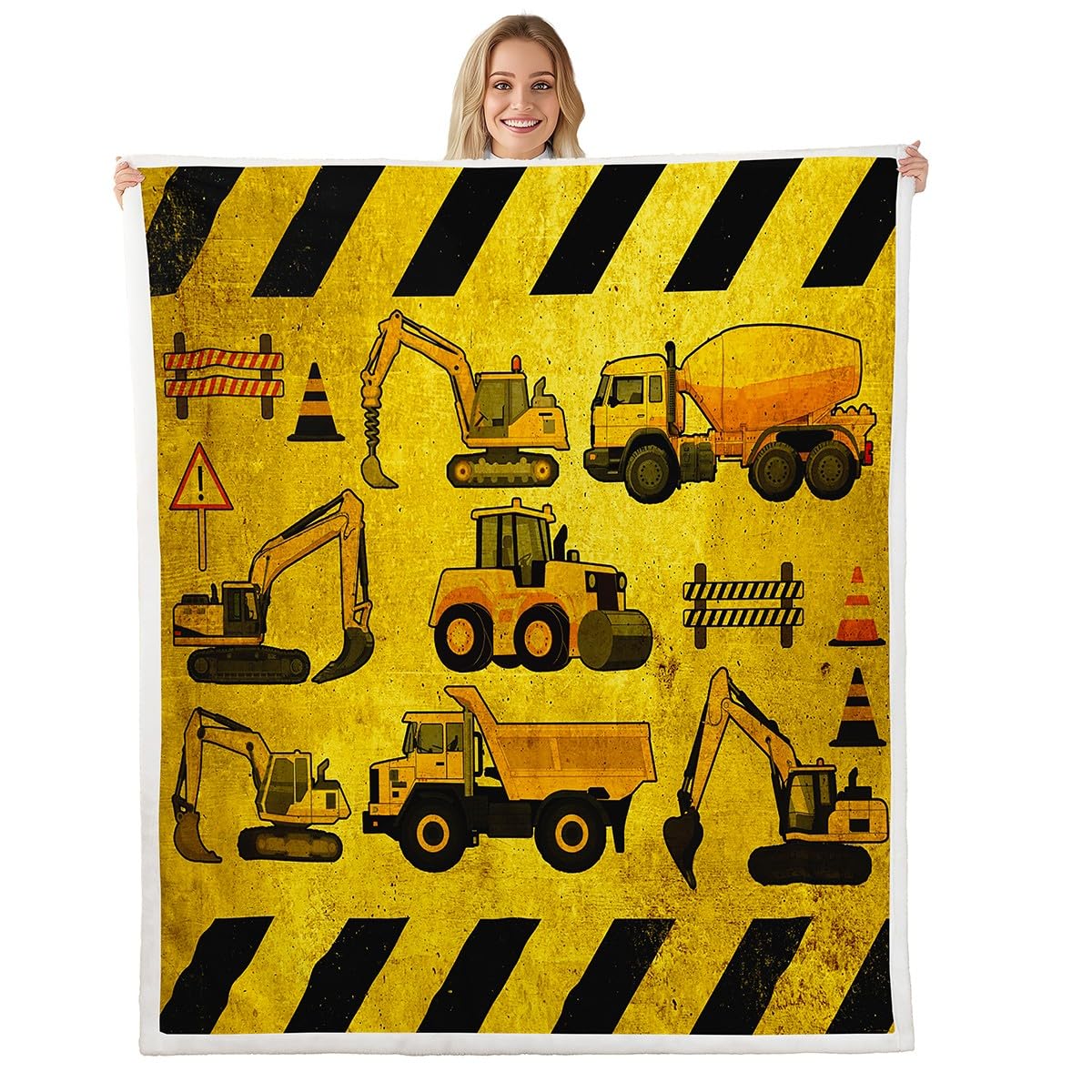 Erosebridal Excavators Flannel Blanket Equipment Trucks Sherpa Blanket Construction Tractor Throw Blanket, Yellow Vehicle Fuzzy Blanket for Kids Boys