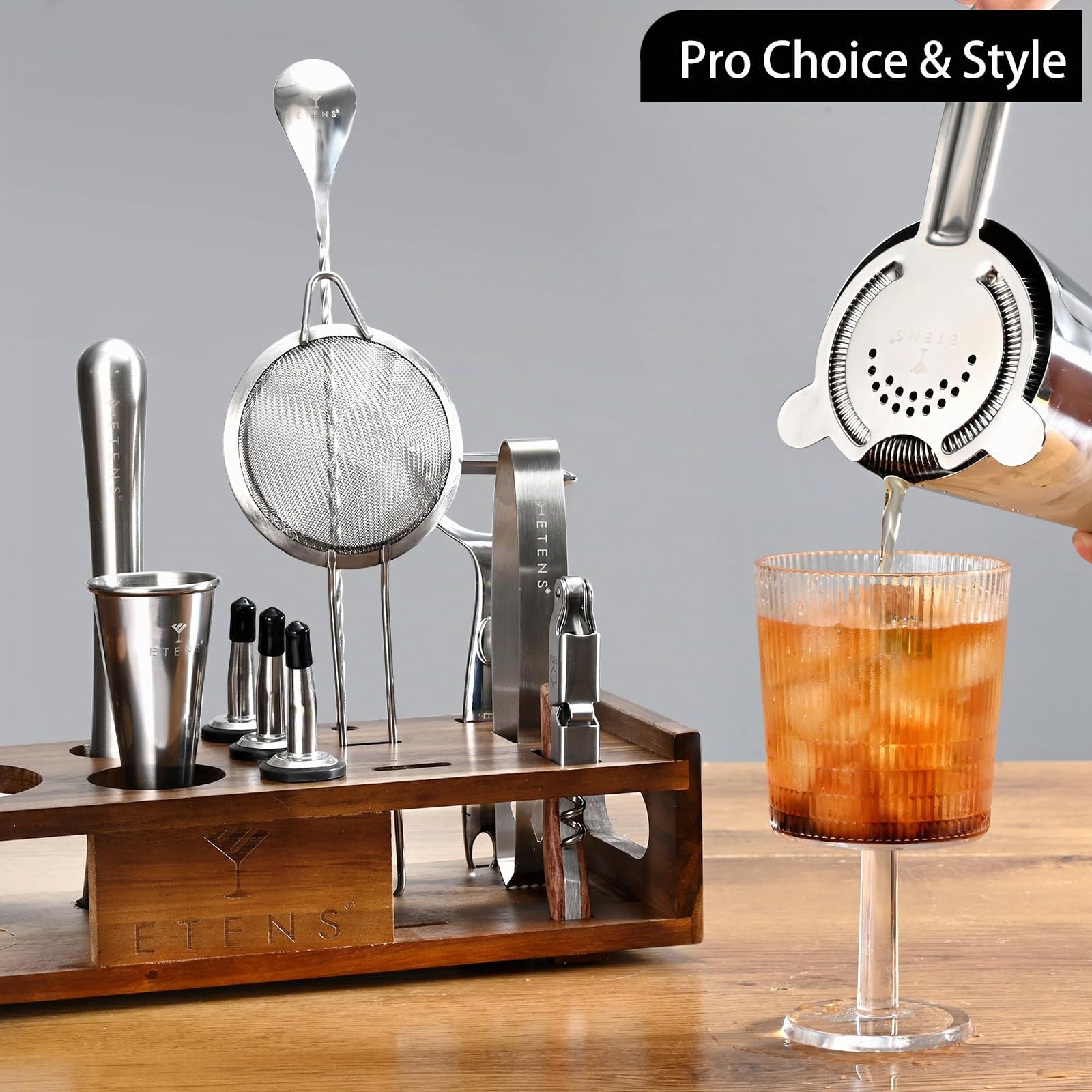 Etens Mixology Kit de Barman | Ensemble Shaker à Cocktail Boston avec Support, Ensemble d'outils de Bar avec Organisateur pour la Fabrication de Boissons à la Maison