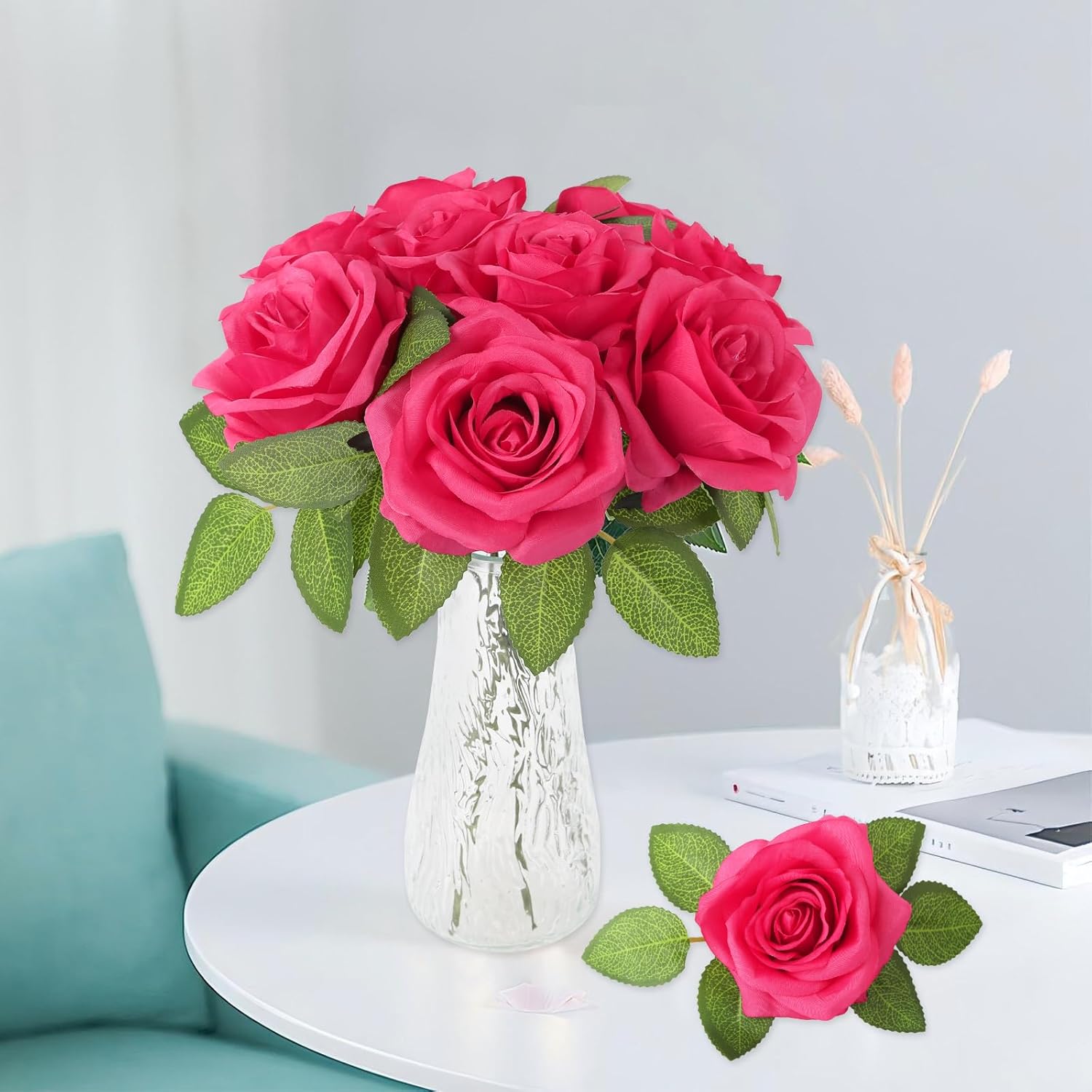 25pcs Hot Pink Silk Rose Belt DIY with Leaves True Touch Rose Box DIY Perfect Wedding Outfit Wedding Party Home Decor - Image 8