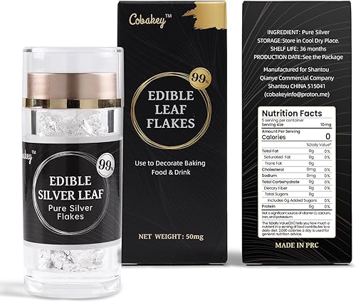 Miniatura 9 de Cobakey Hoja de plata comestible  Hoja de plata de 50 mg para decoración de pasteles (cupcake, chocolate, filete, bebida y cocina), copos de plata