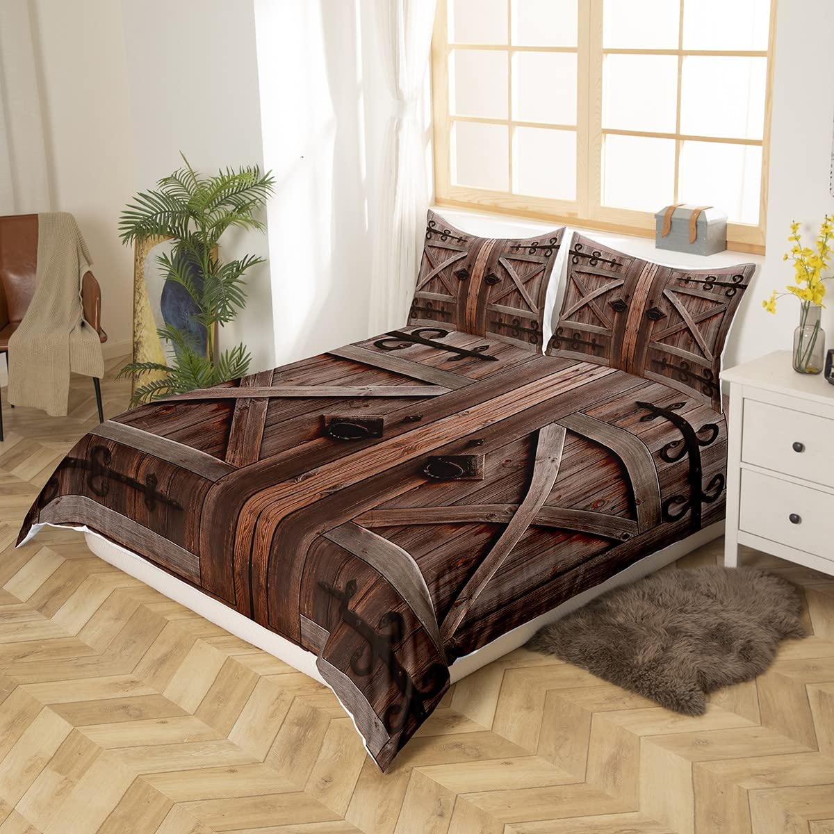Castle Fairy Rustic Bedding Set,Wooden Barn Doors Duvet Cover for Kids Teen Boys Girls,Farm Farmhouse Comforter Cover Decorative Room,Retro Metal Quilt Cover with 2 Pillowcases,King Size(No Comforter)