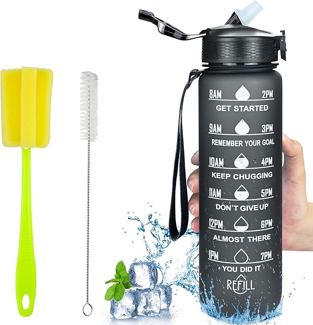 1 Litre Water Bottle with Straw, Motivational Sports Water Bottle with Time Markings, BPA Free Tritan Leakproof Portable Fitness Drink Bottle for Outdoor, Cycling, Gym, School & Office (Black)