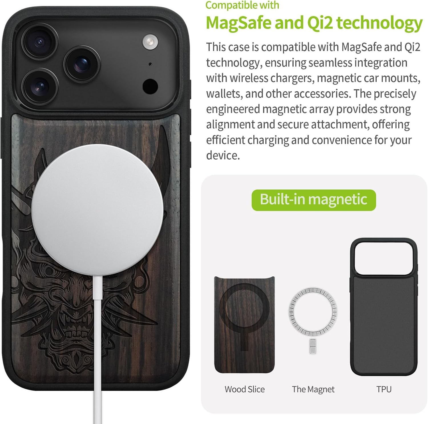Carveit Magnetic Wooden Case for iPhone 17 Pro Max Case, Wood Artisan Engraved & Black Soft TPU Shockproof Cover, Compatible with MagSafe Wireless Chargers (Japanese Oni Mask) Blackwood
