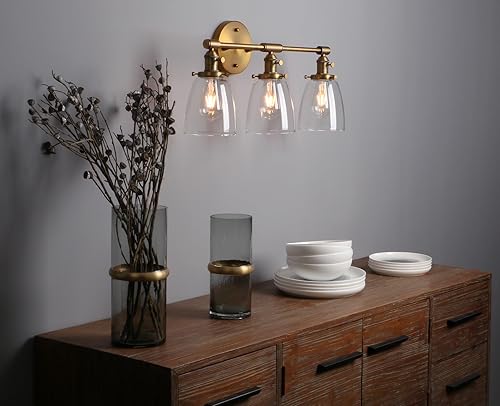 Miniatura 4 de Phansthy 3 apliques de pared de latón antiguo, lámpara de pared con interruptor de encendido y apagado y pantalla de vidrio transparente con forma