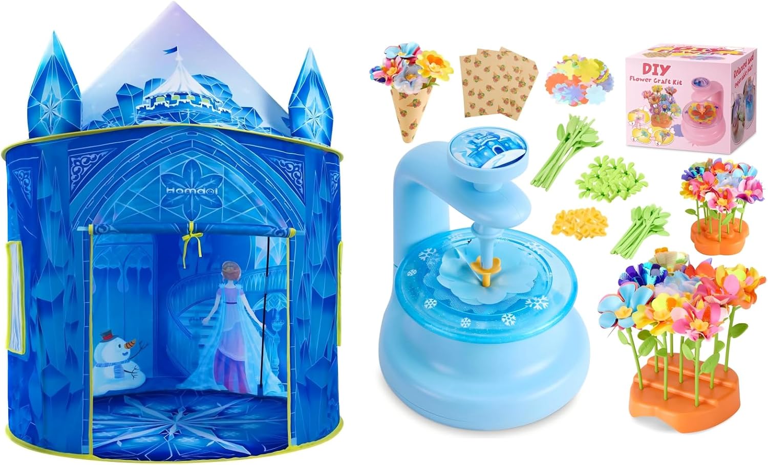 Frozen Toy Set, Princess Tent & DIY Flower Craft Kit for Girls, Frozen Castle Playhouse with Creative Fabric Flower Bouquet Set, Indoor & Outdoor Imaginative Play