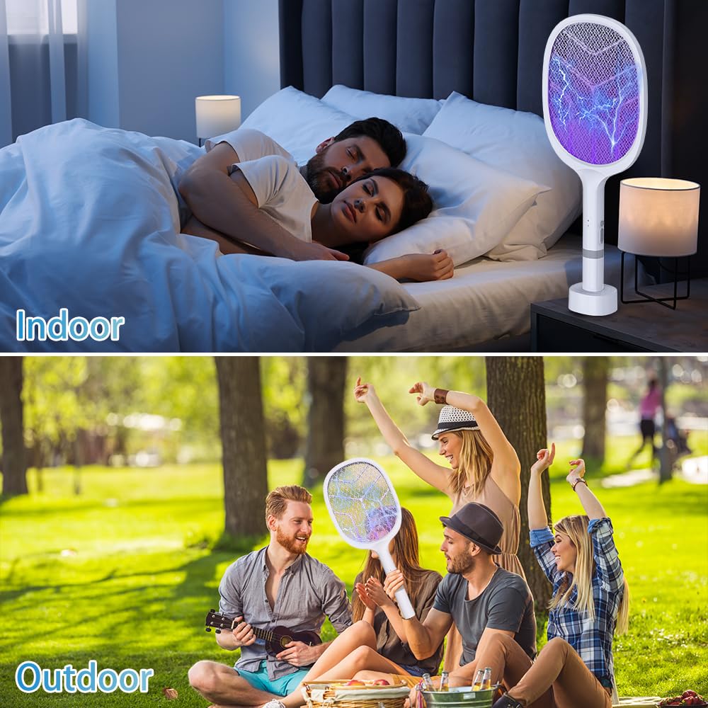 DANGZW Raquette Moustique Electrique, 4800V Raquette Electrique Insectes 2en1 avec Base de Charge USB, Batterie Rechargeable 1800mAh & LED UV, Raquette Anti Moustique Electrique pour Chambre, Camping