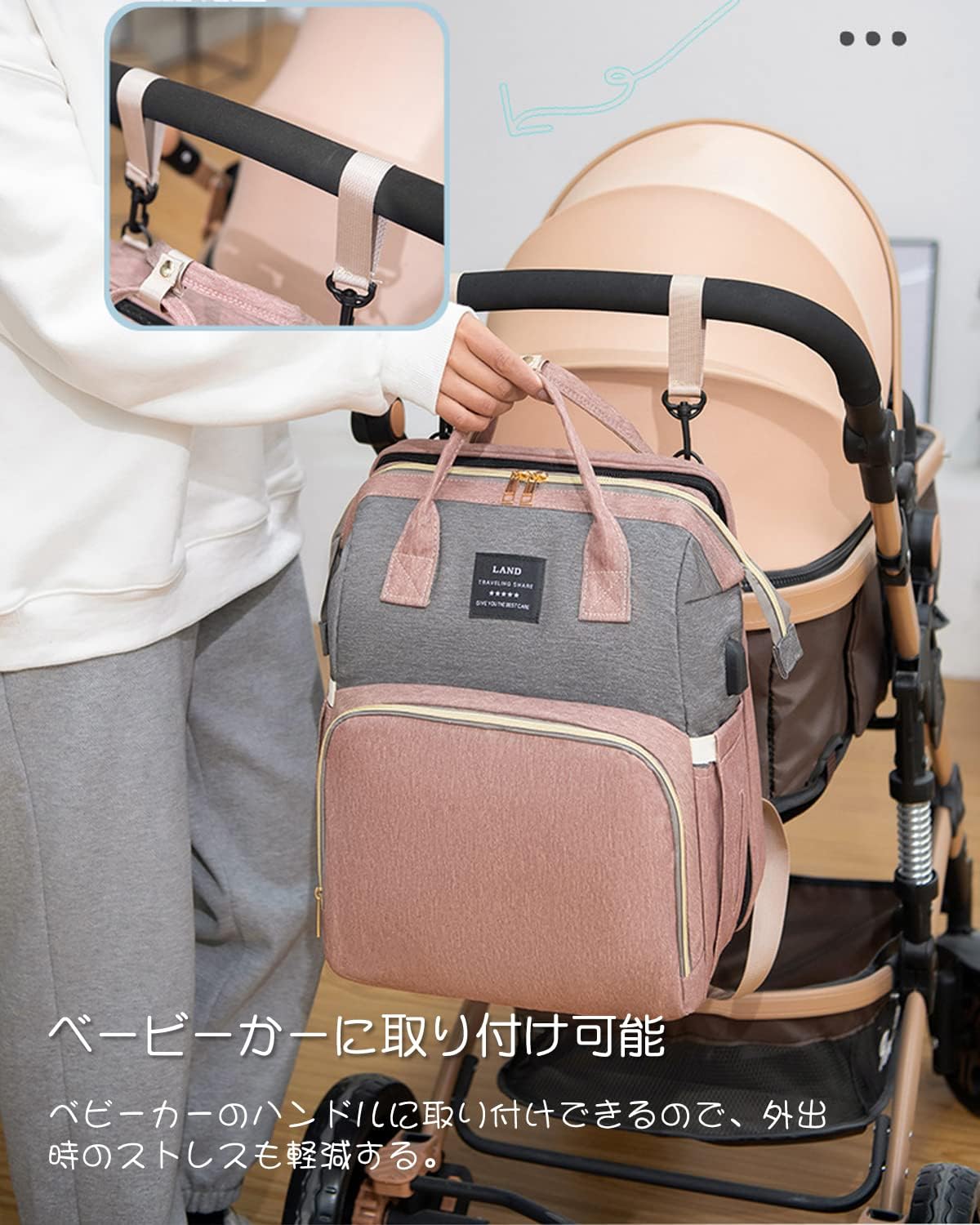 [VIGOUROUS] マザーズバッグ おむつ交換用バックパック 表面PU 裏面ナイロン 大容量 多機能 ベビーベッド付き USB充電ポート 蚊帳付き 保温ポケット ベービーかーに掛ける 出産祝い プレゼント 黒 青い 緑 ピンク グレー